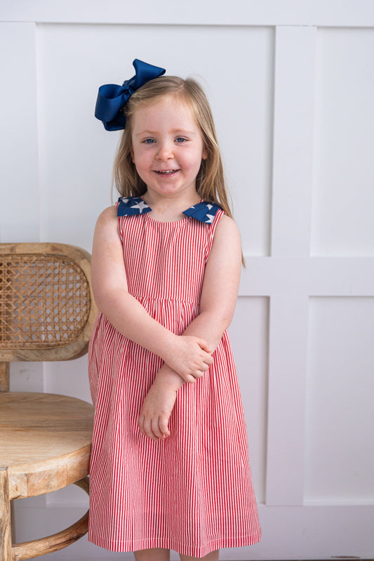 Stars & Red Striped Printed Bow Gathered Dress DRESS Yo Baby India