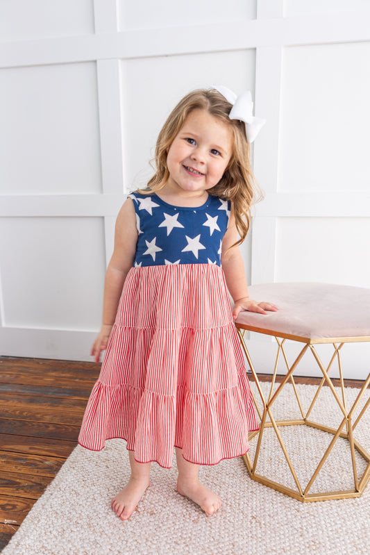 Stars & Red Striped Printed Tiered Gathered Dress DRESS Yo Baby India