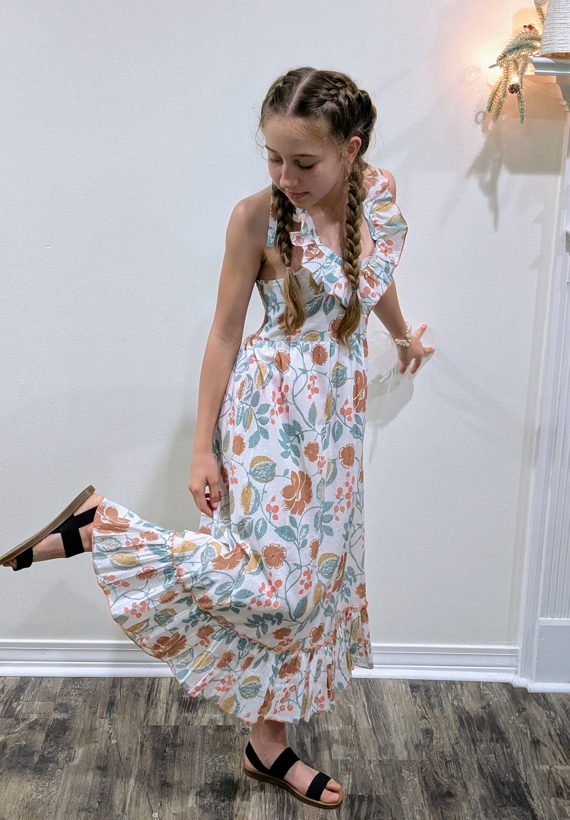 Stylish Kids' Sleeveless Dress with Frill & Ruffle Accents - White & Sage Floral Print DRESS Yo Baby India