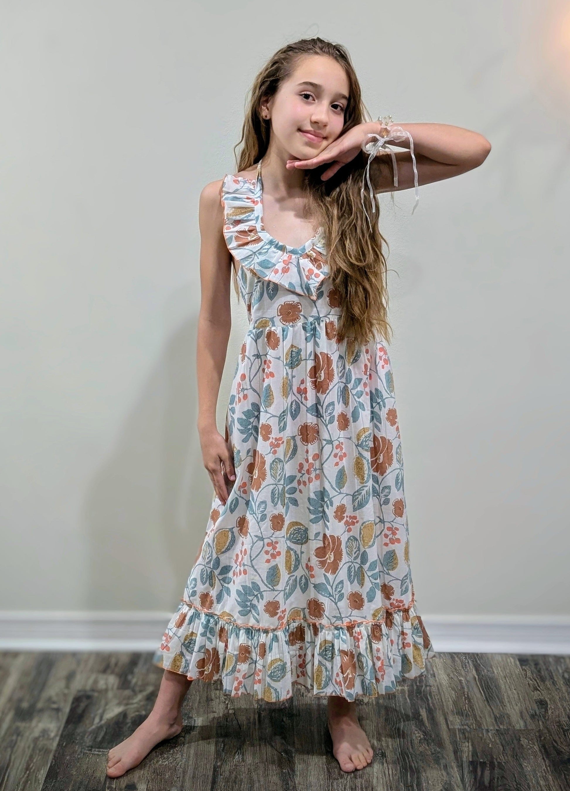 Stylish Kids' Sleeveless Dress with Frill & Ruffle Accents - White & Sage Floral Print DRESS Yo Baby India