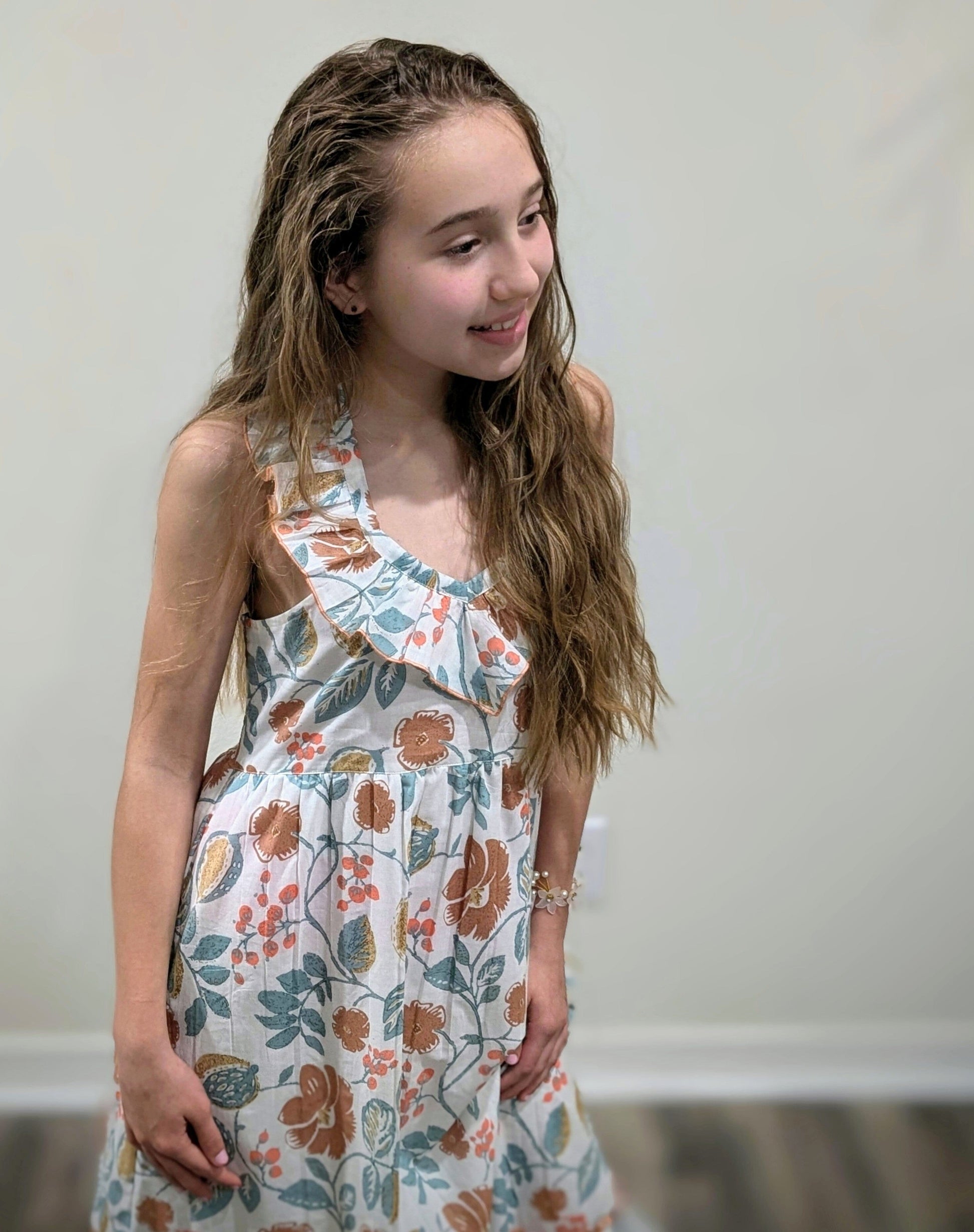 Stylish Kids' Sleeveless Dress with Frill & Ruffle Accents - White & Sage Floral Print DRESS Yo Baby India