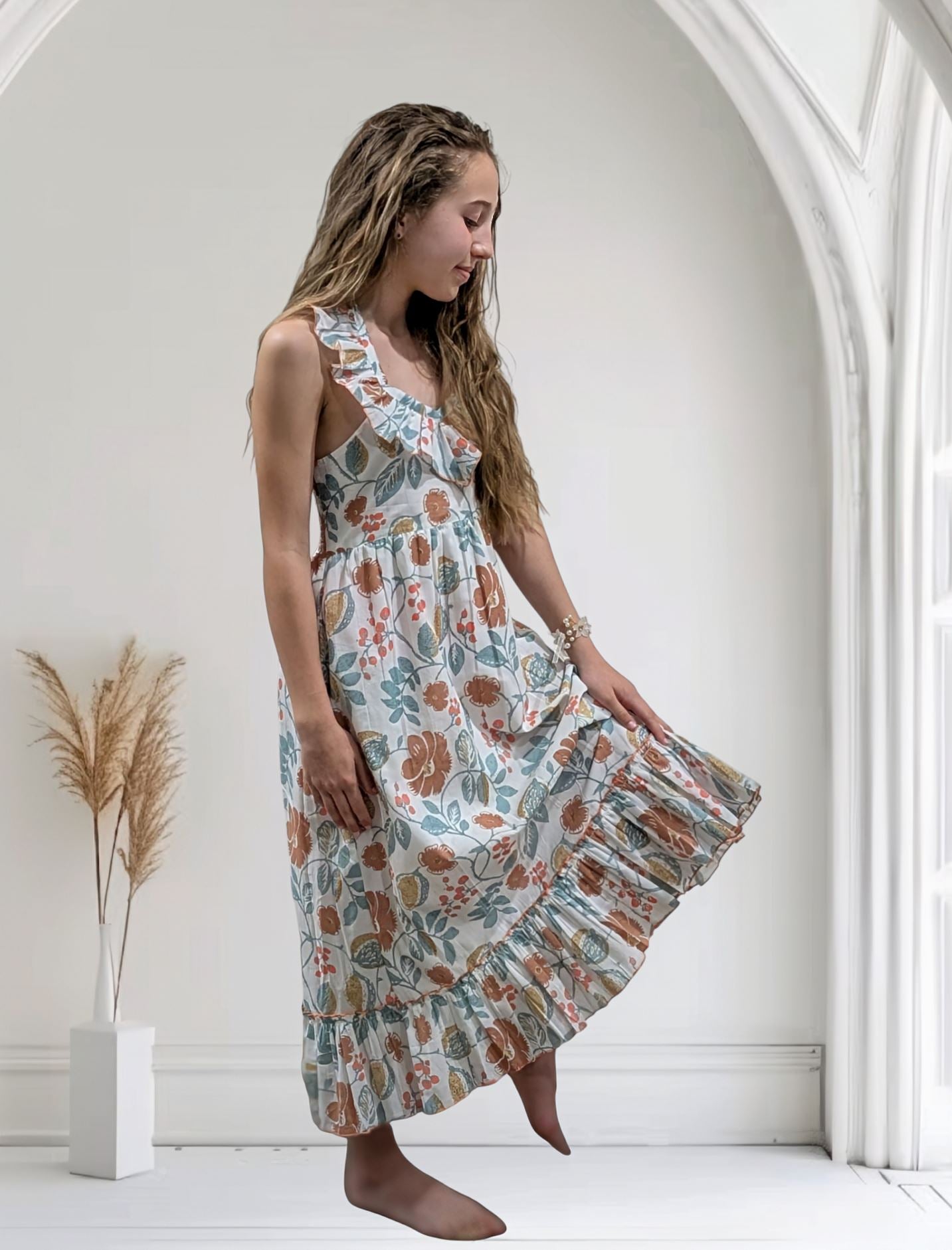 Stylish Kids' Sleeveless Dress with Frill & Ruffle Accents - White & Sage Floral Print DRESS Yo Baby India