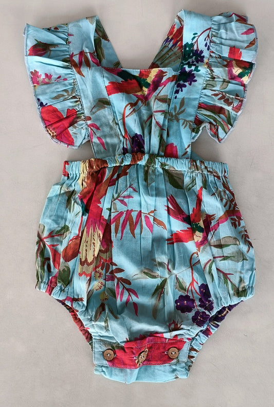 Turquoise Bird Printed Ruffled Gathered Romper romper Yo Baby India