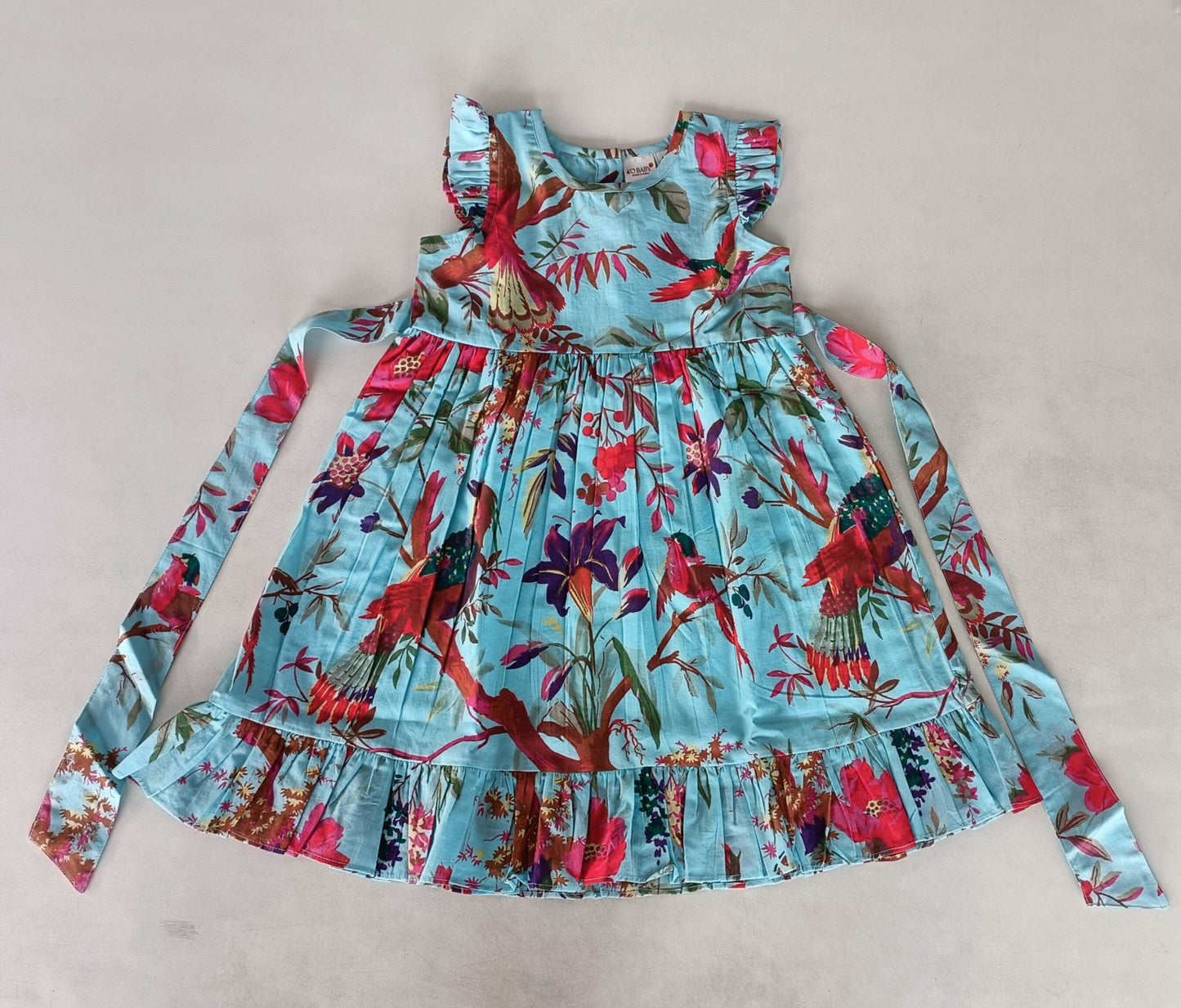 Turquoise Bird Printed Sleeve & Bottom Ruffle Dress 2-pc. set Yo Baby India