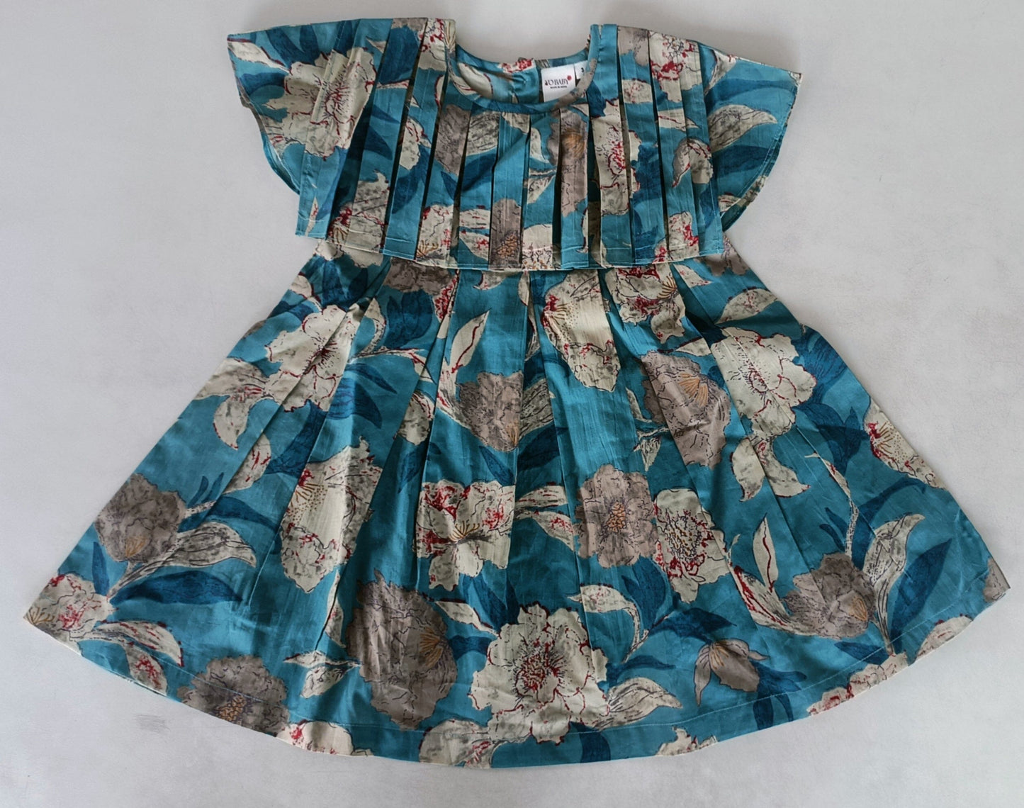 Turquoise Floral Printed Box Pleated Dress dress & diaper cover Yo Baby India