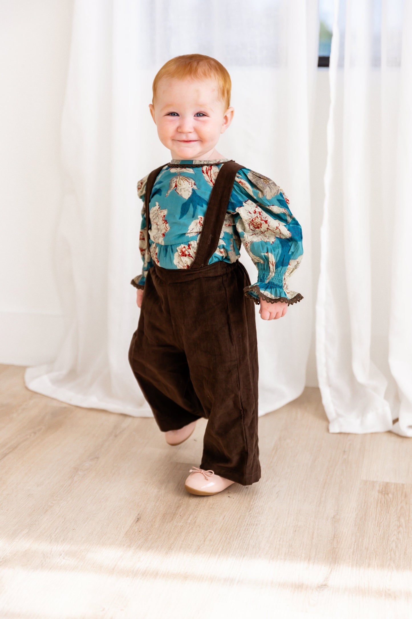 Turquoise Floral Printed Top & Brown Corduroy Pant Set 2-pc. set pant & top Yo Baby India