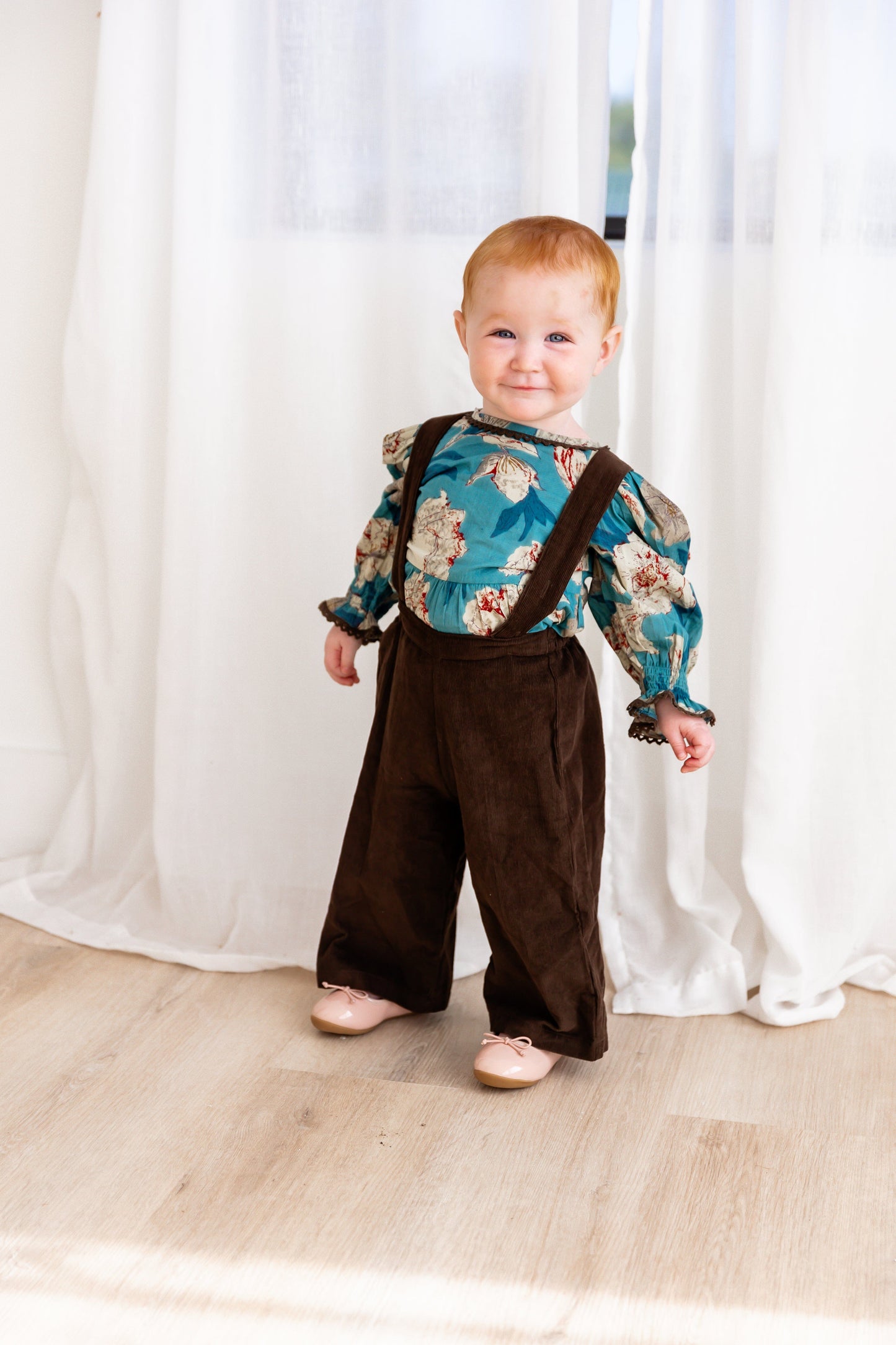 Turquoise Floral Printed Top & Brown Corduroy Pant Set 2-pc. set pant & top Yo Baby India