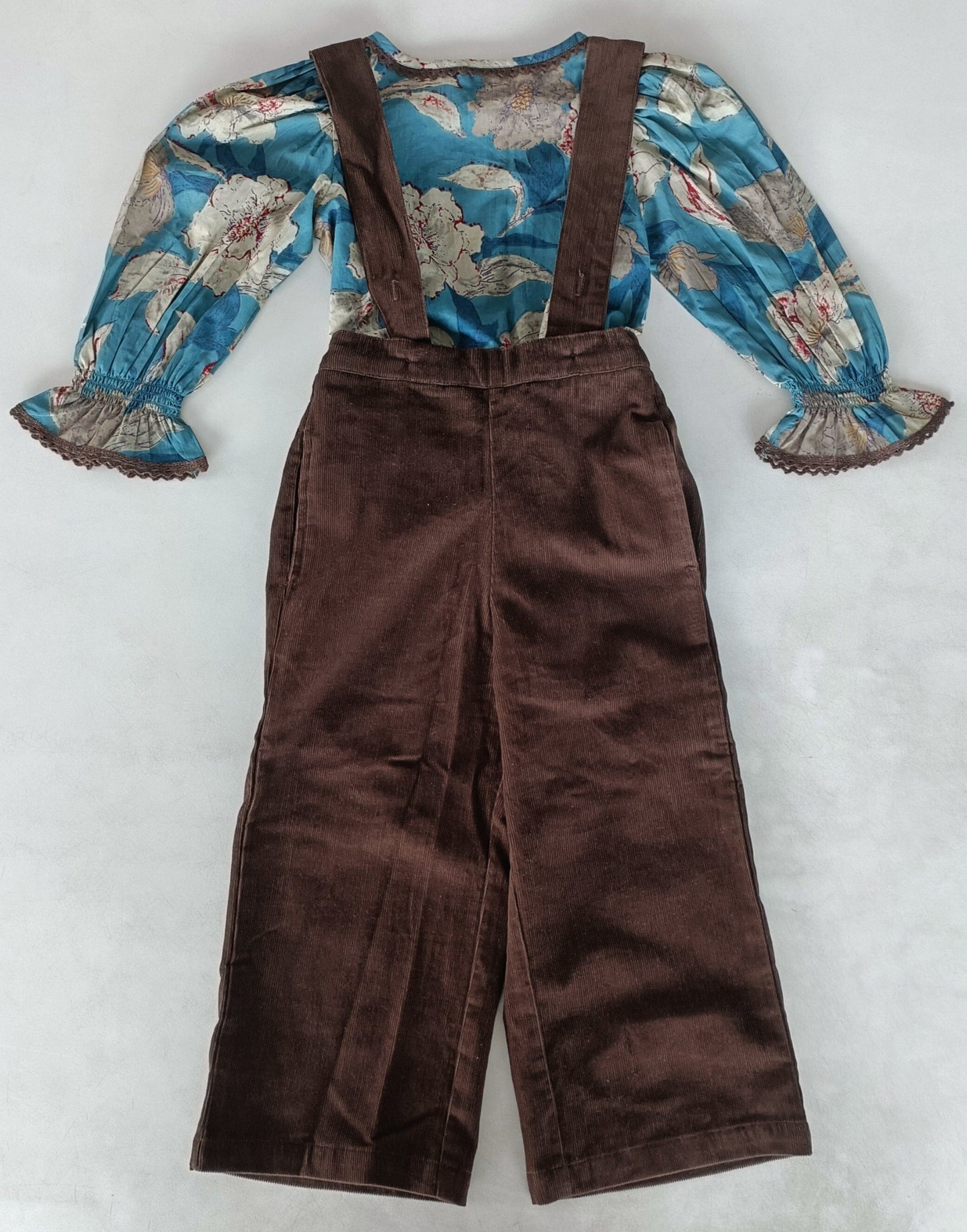 Turquoise Floral Printed Top & Brown Corduroy Pant Set 2-pc. set pant & top Yo Baby India