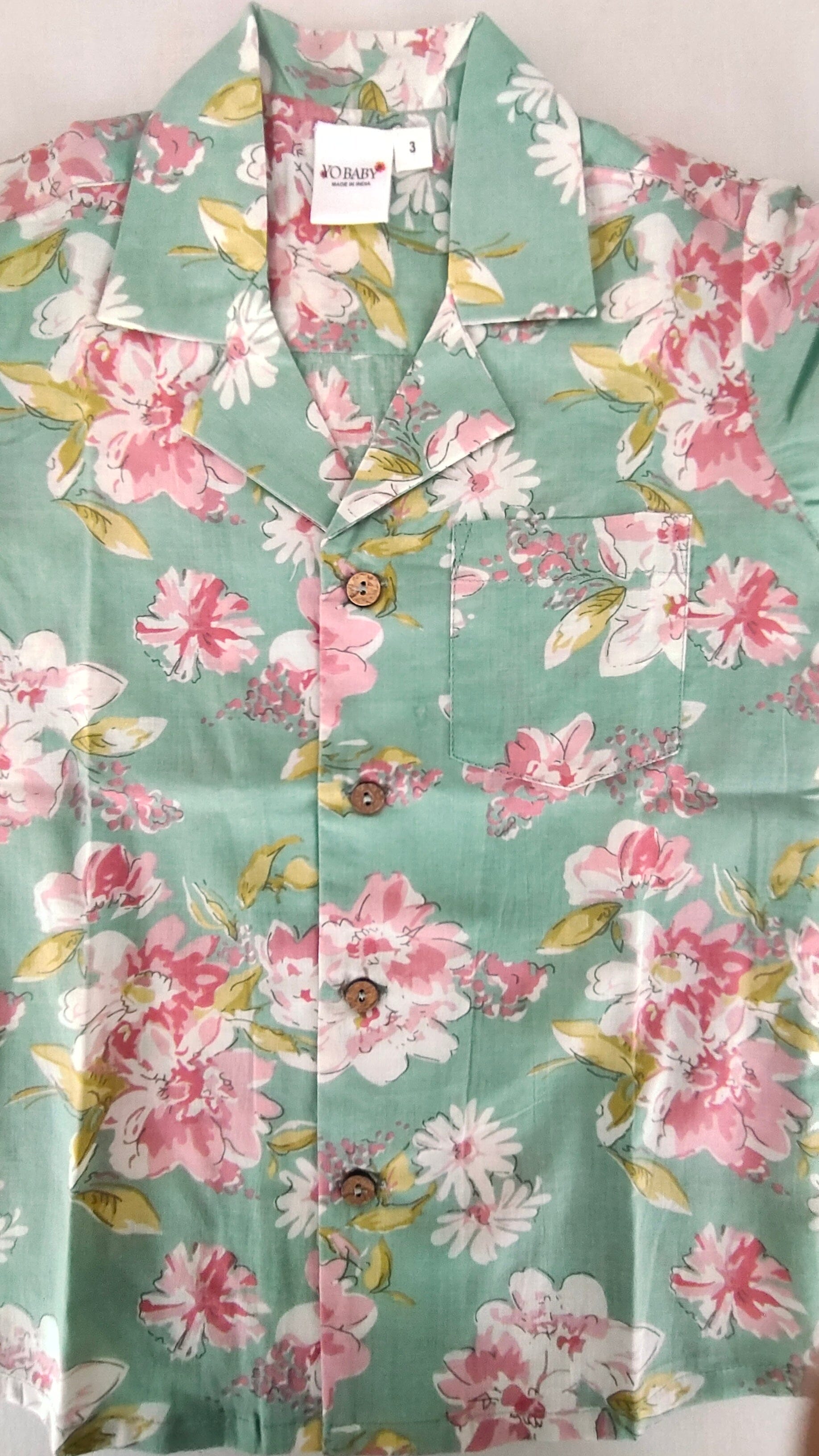 Unisex Kids' Green Floral Print Cotton Shirt & Striped Shorts Set shirt & shorts Yo Baby India