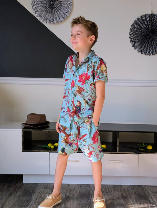 Unisex Kids' Turquoise Bird Print Shirt & Shorts Set shirt & shorts Yo Baby India