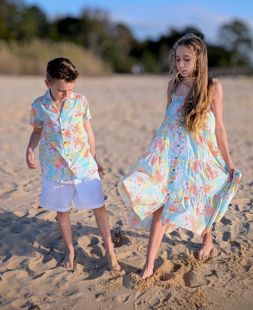 Unisex Kids' Turquoise Printed Cotton Shirt with Matching White Shorts BOYS SHIRT AND SHORTS Yo Baby India