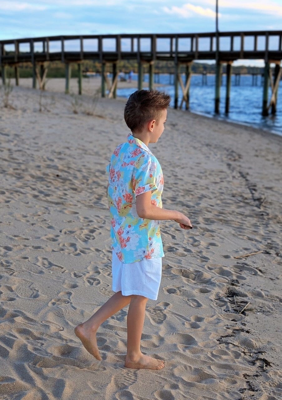 Unisex Kids' Turquoise Printed Cotton Shirt with Matching White Shorts BOYS SHIRT AND SHORTS Yo Baby India