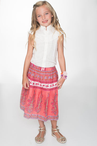 White Frill Blouse and Peach Printed Skirt 2pc. set Dress Yo Baby India 