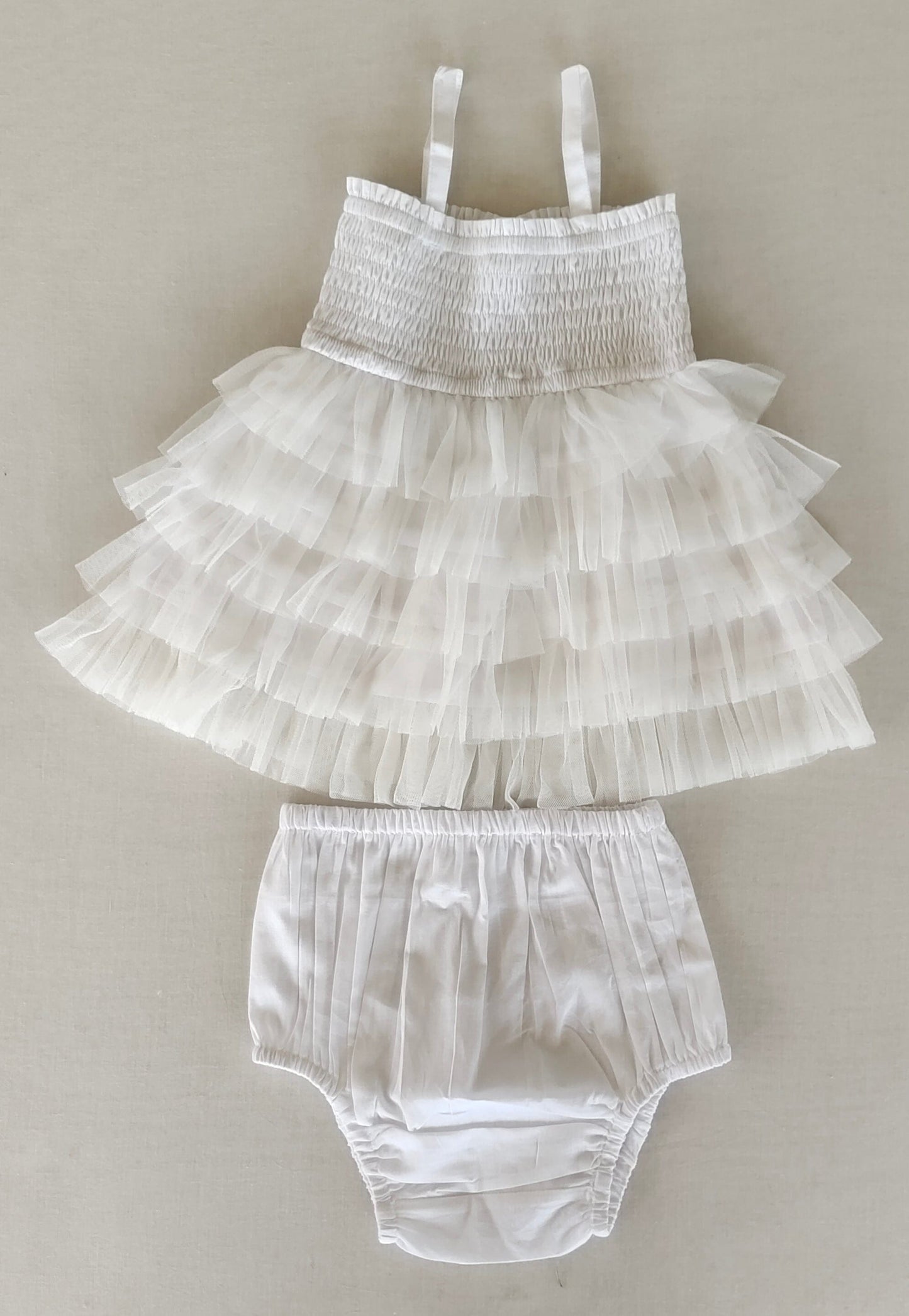 White Tiered Tulle Dress with Nylon Net Frills and Adjustable Straps dress & diaper cover Yo Baby India