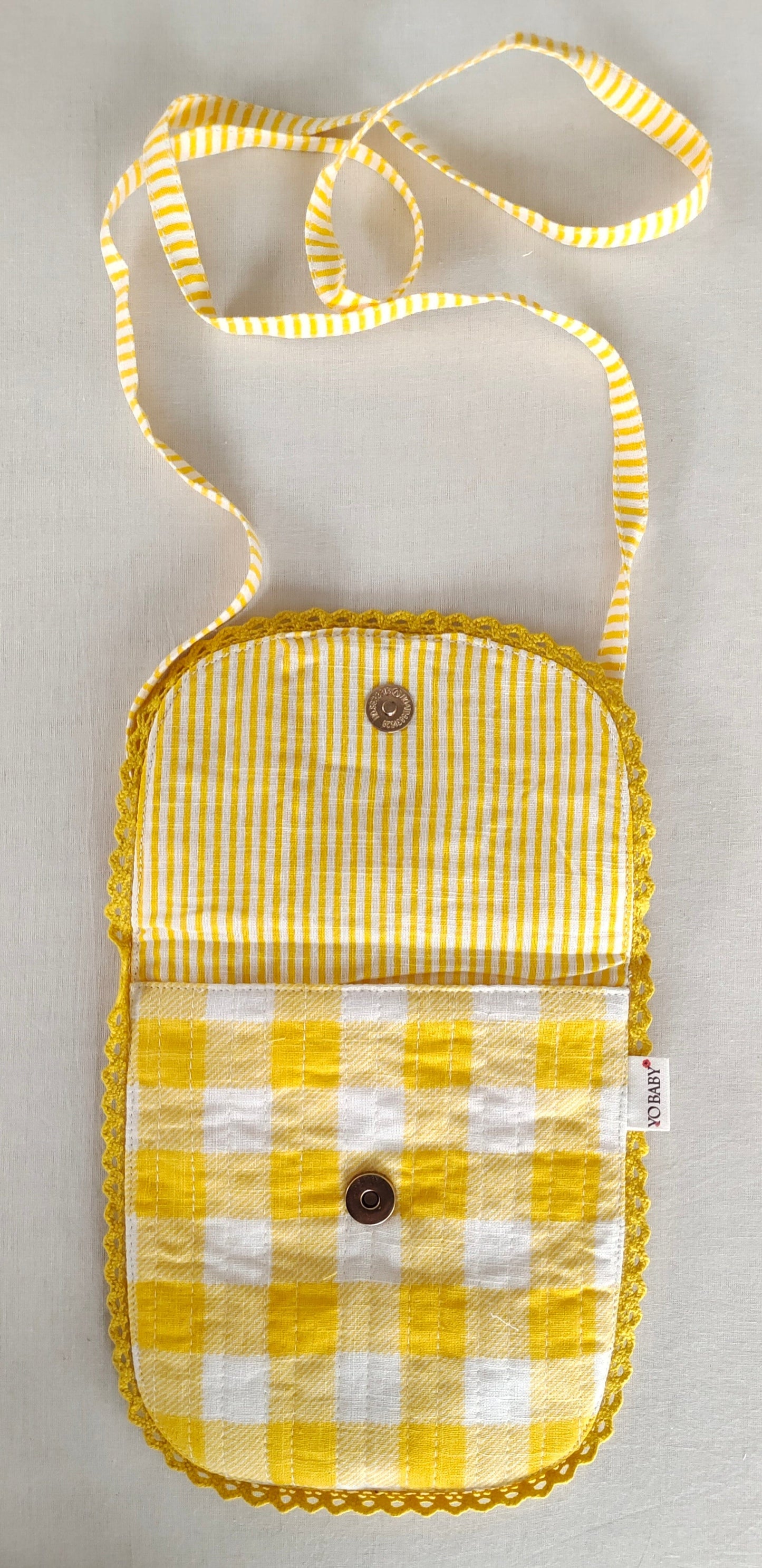 Yellow Checks & Stripe Kids' Small Tote Bag with Magnetic Closure and Lace Detailing PURSE Yo Baby India
