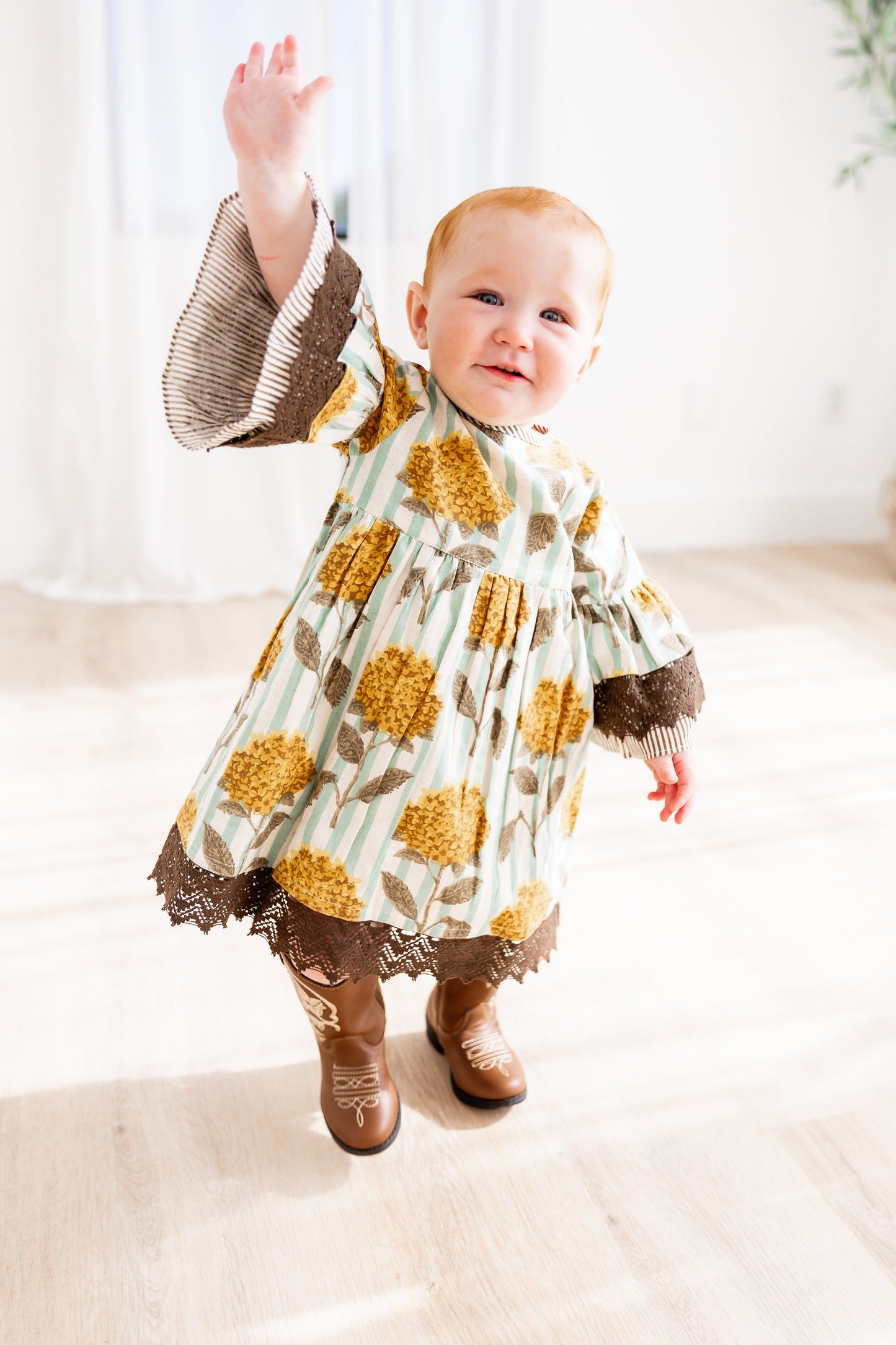 Yellow Floral Printed Bell Sleeves Gathered Dress dress & diaper cover DRESS Yo Baby India