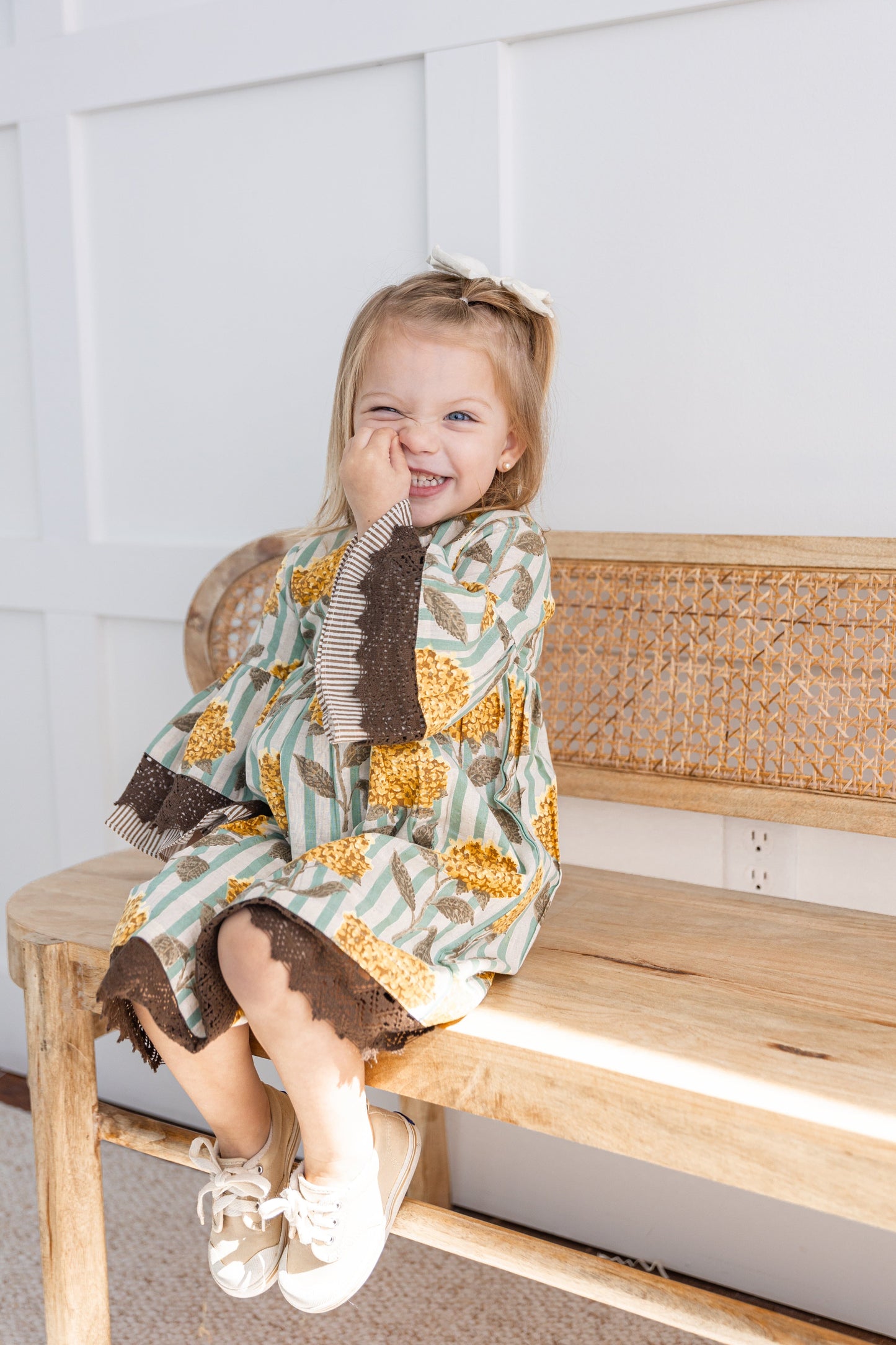 Yellow Floral Printed Bell Sleeves Gathered Dress dress & diaper cover DRESS Yo Baby India