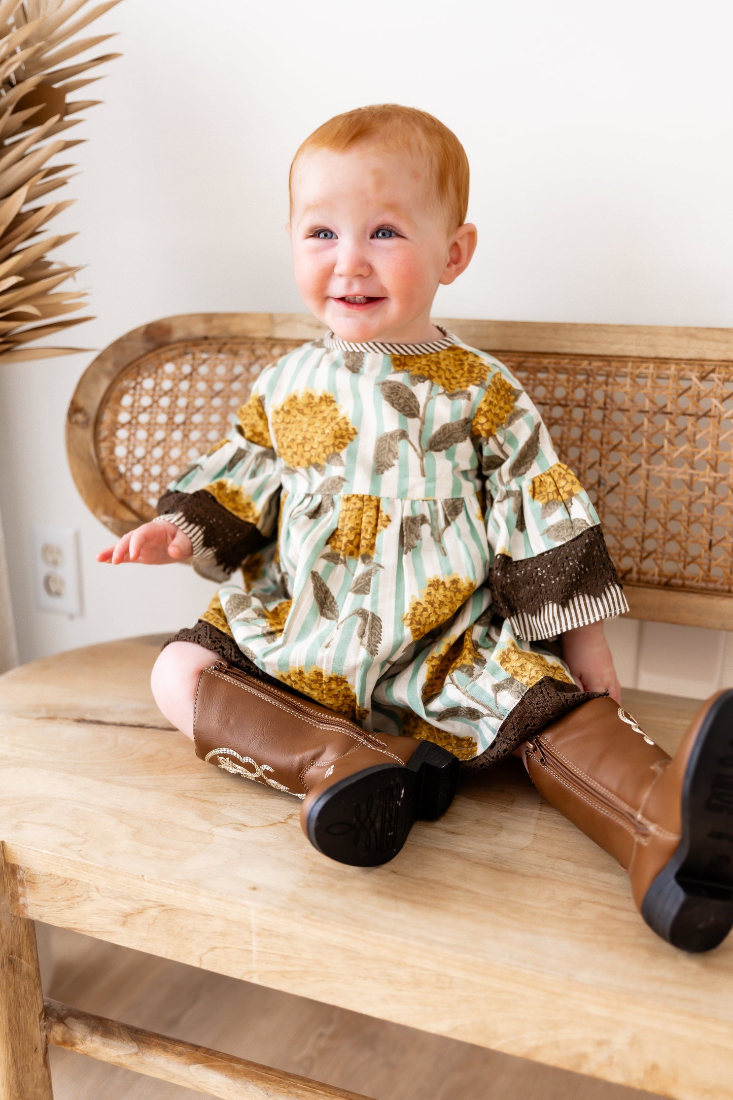 Yellow Floral Printed Bell Sleeves Gathered Dress dress & diaper cover DRESS Yo Baby India