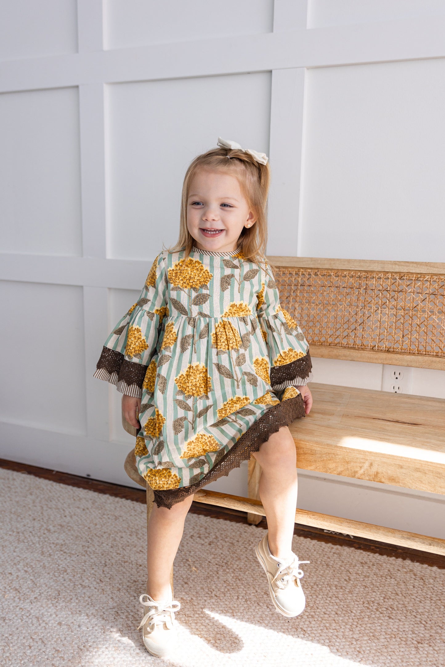 Yellow Floral Printed Bell Sleeves Gathered Dress dress & diaper cover DRESS Yo Baby India