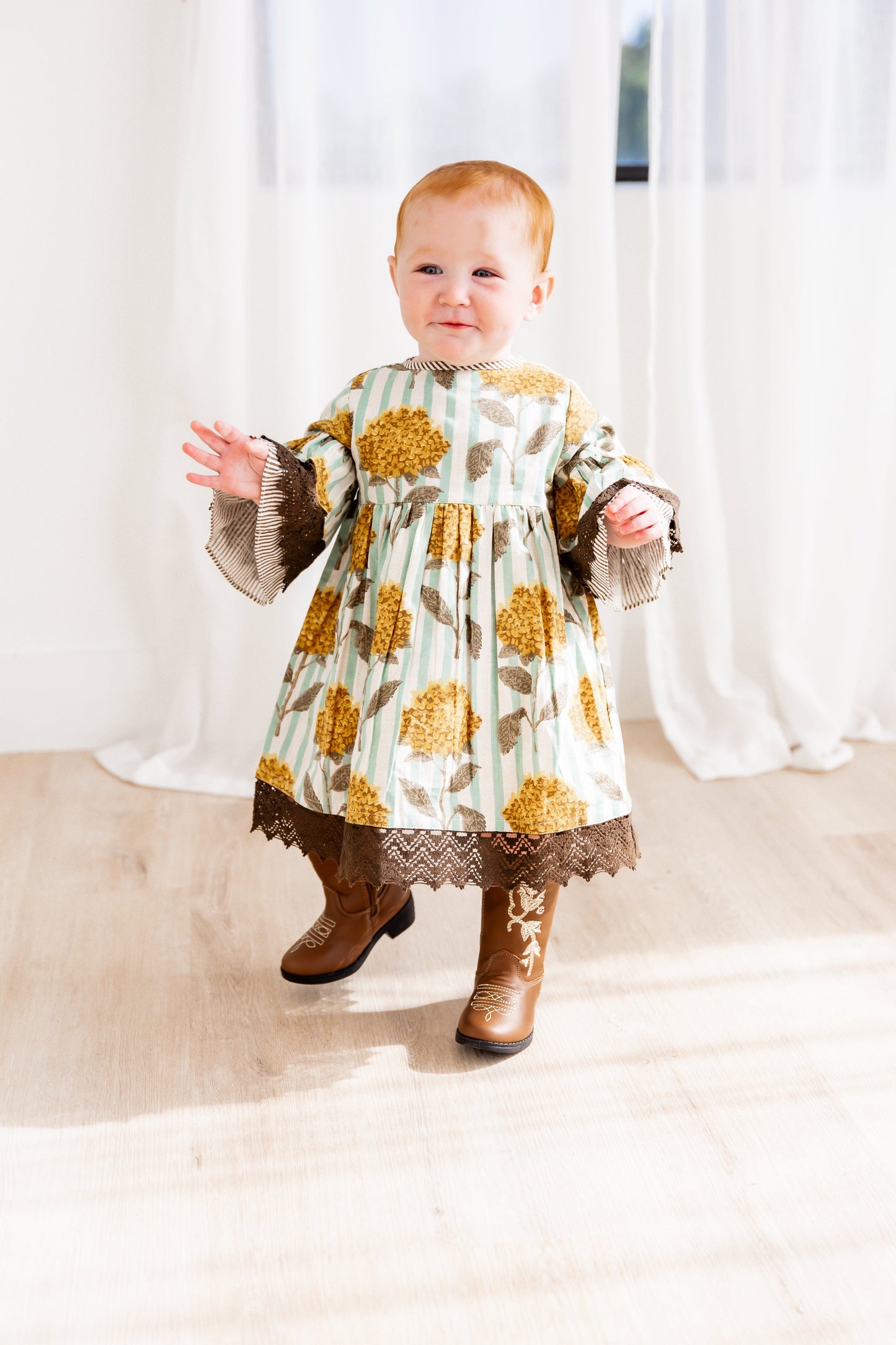 Yellow Floral Printed Bell Sleeves Gathered Dress dress & diaper cover DRESS Yo Baby India