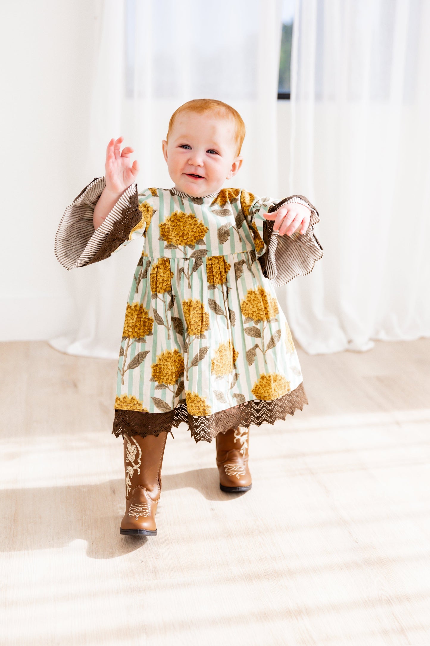 Yellow Floral Printed Bell Sleeves Gathered Dress dress & diaper cover DRESS Yo Baby India