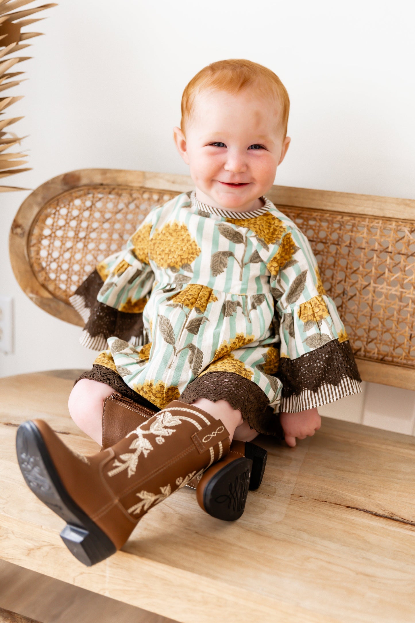 Yellow Floral Printed Bell Sleeves Gathered Dress dress & diaper cover DRESS Yo Baby India