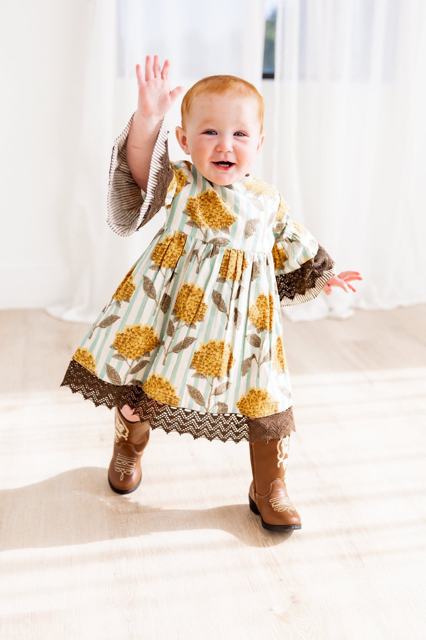 Yellow Floral Printed Bell Sleeves Gathered Dress dress & diaper cover DRESS Yo Baby India