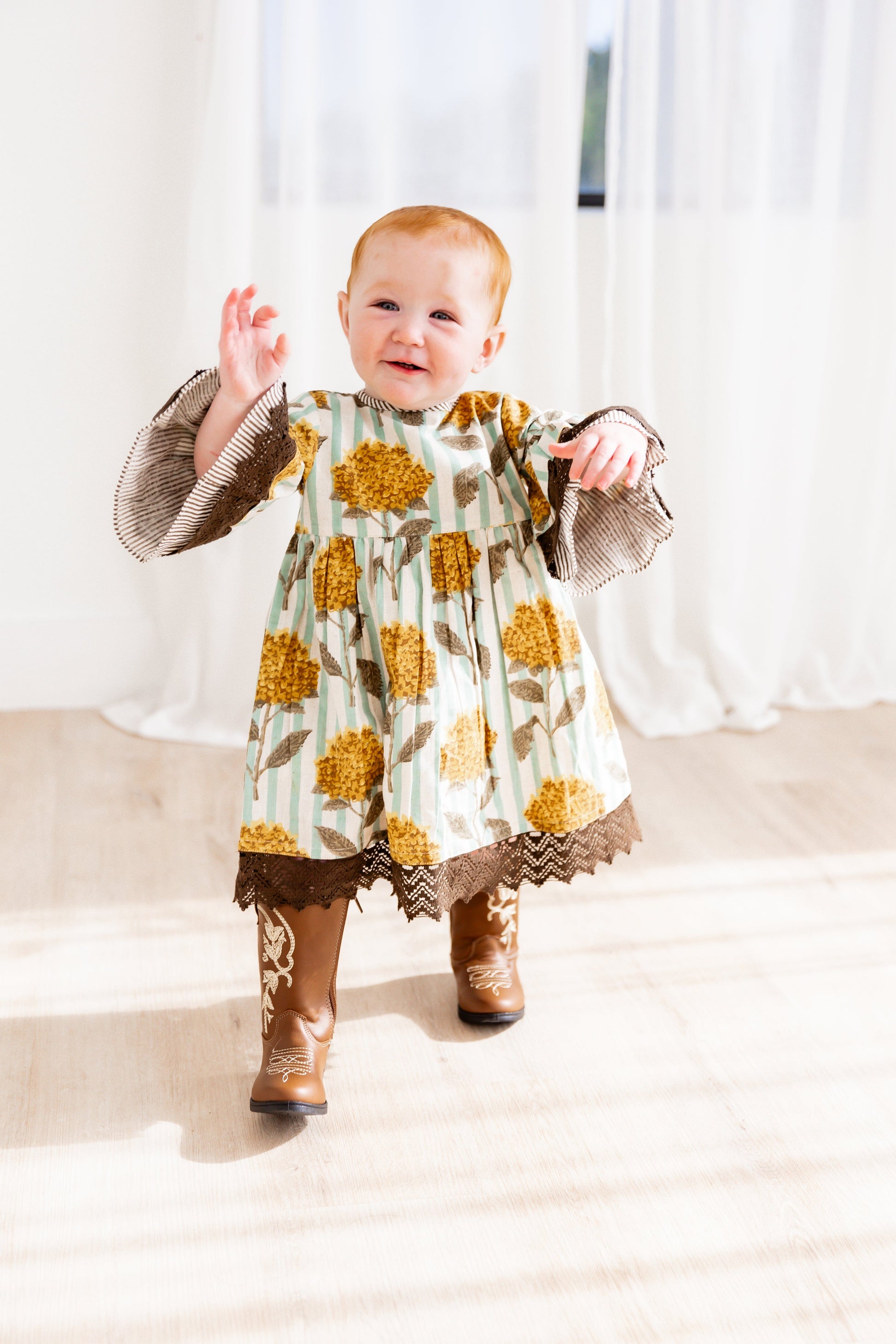 Yellow Floral Printed Bell Sleeves Gathered Dress dress & diaper cover DRESS Yo Baby India