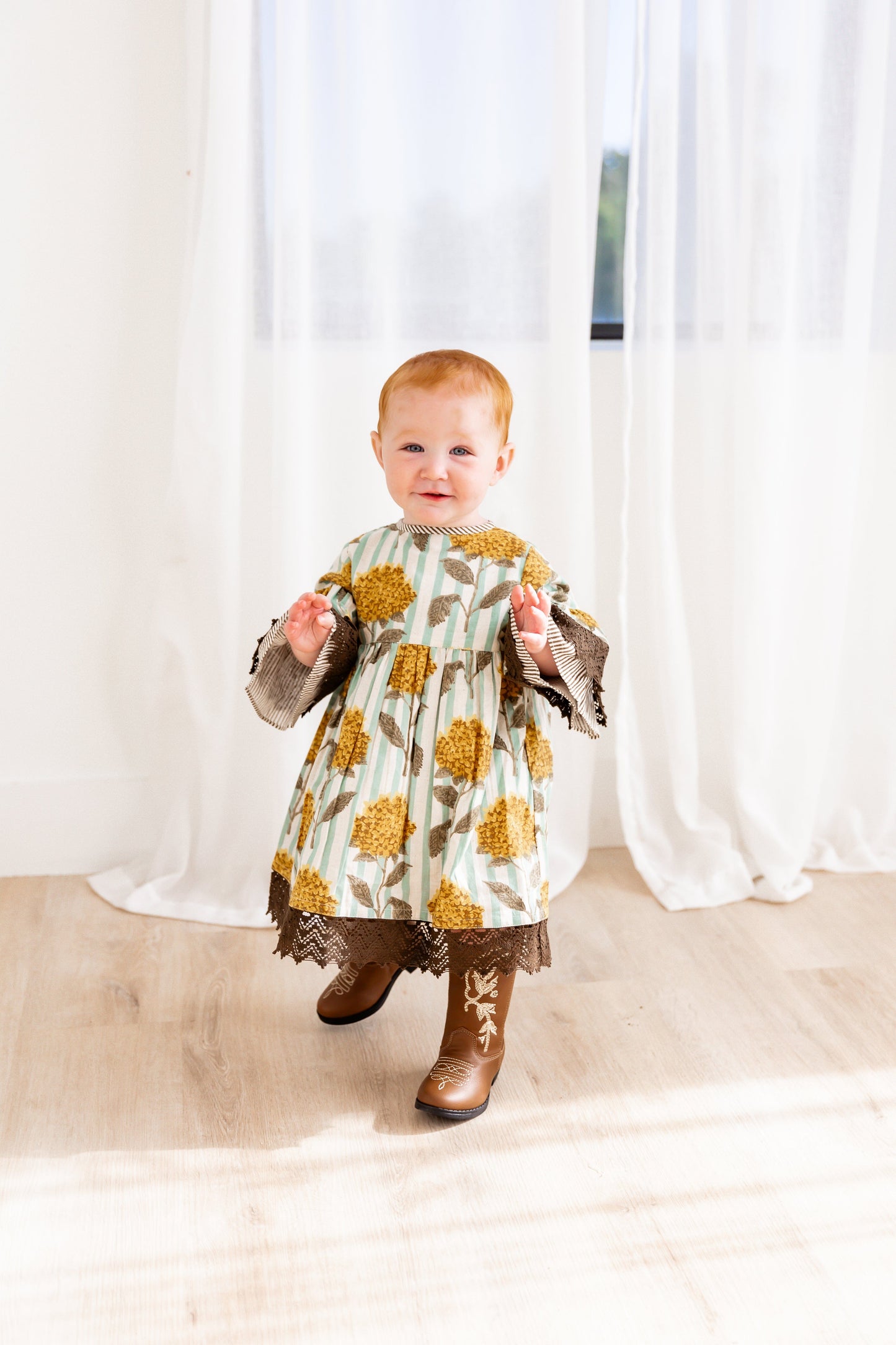 Yellow Floral Printed Bell Sleeves Gathered Dress dress & diaper cover DRESS Yo Baby India