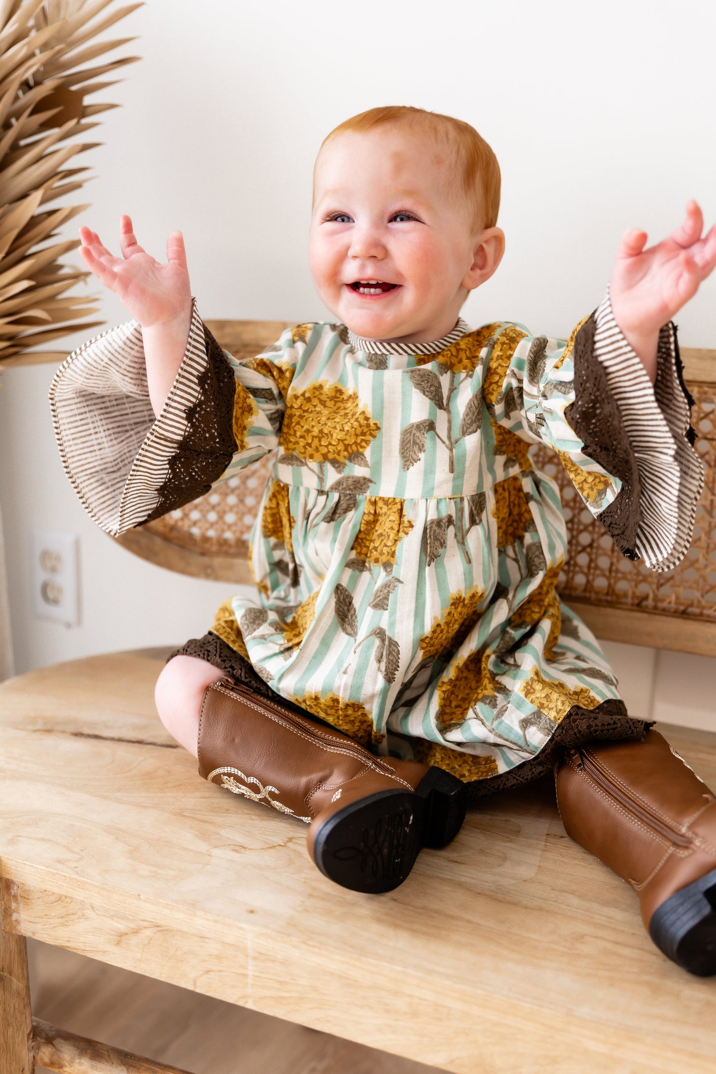 Yellow Floral Printed Bell Sleeves Gathered Dress dress & diaper cover DRESS Yo Baby India
