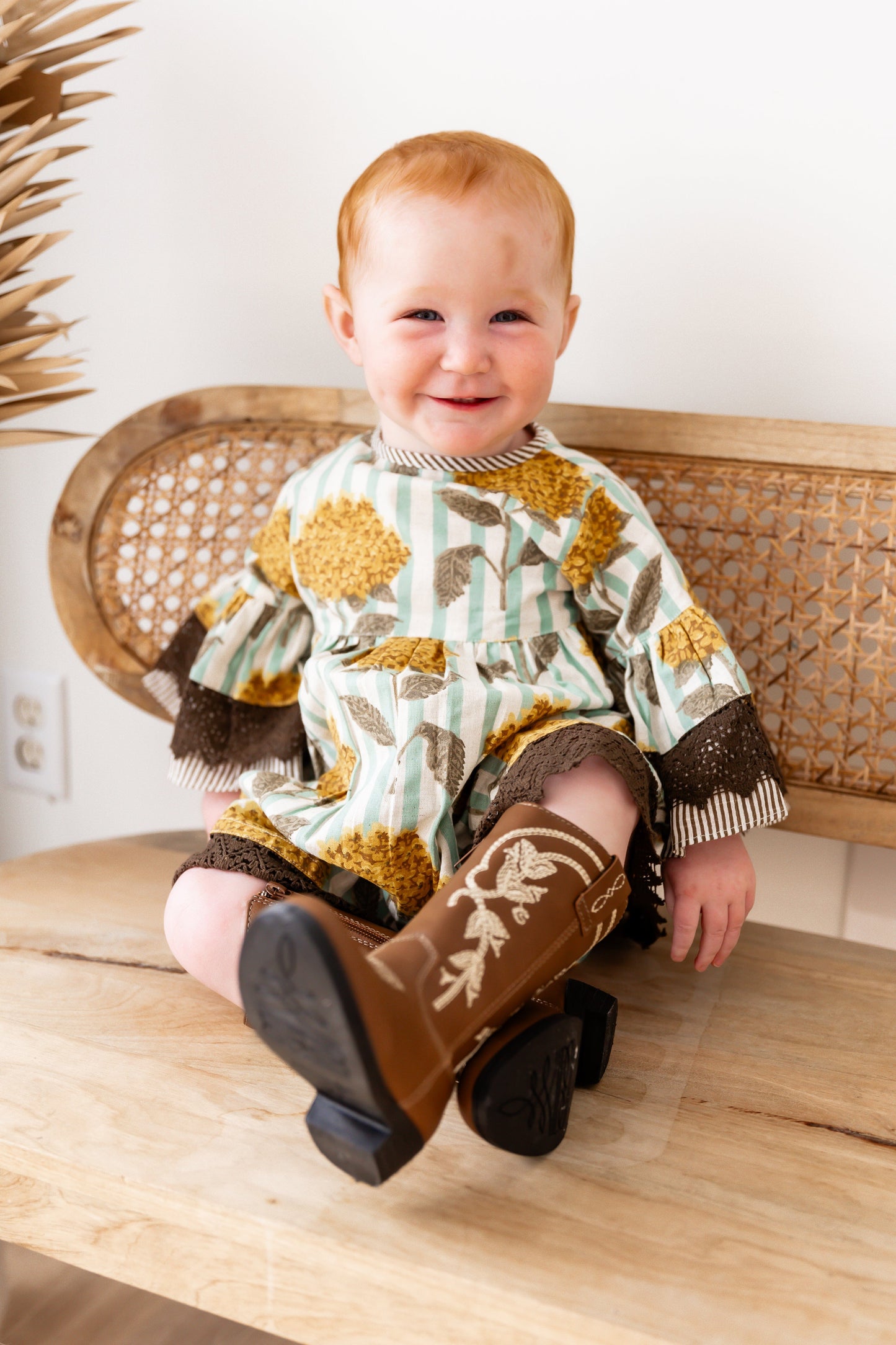 Yellow Floral Printed Bell Sleeves Gathered Dress dress & diaper cover DRESS Yo Baby India