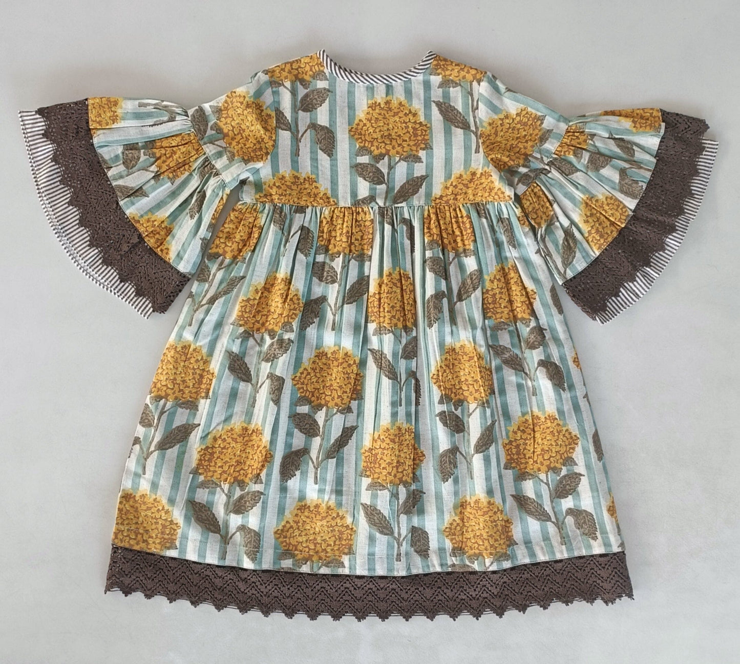 Yellow Floral Printed Bell Sleeves Gathered Dress dress & diaper cover DRESS Yo Baby India