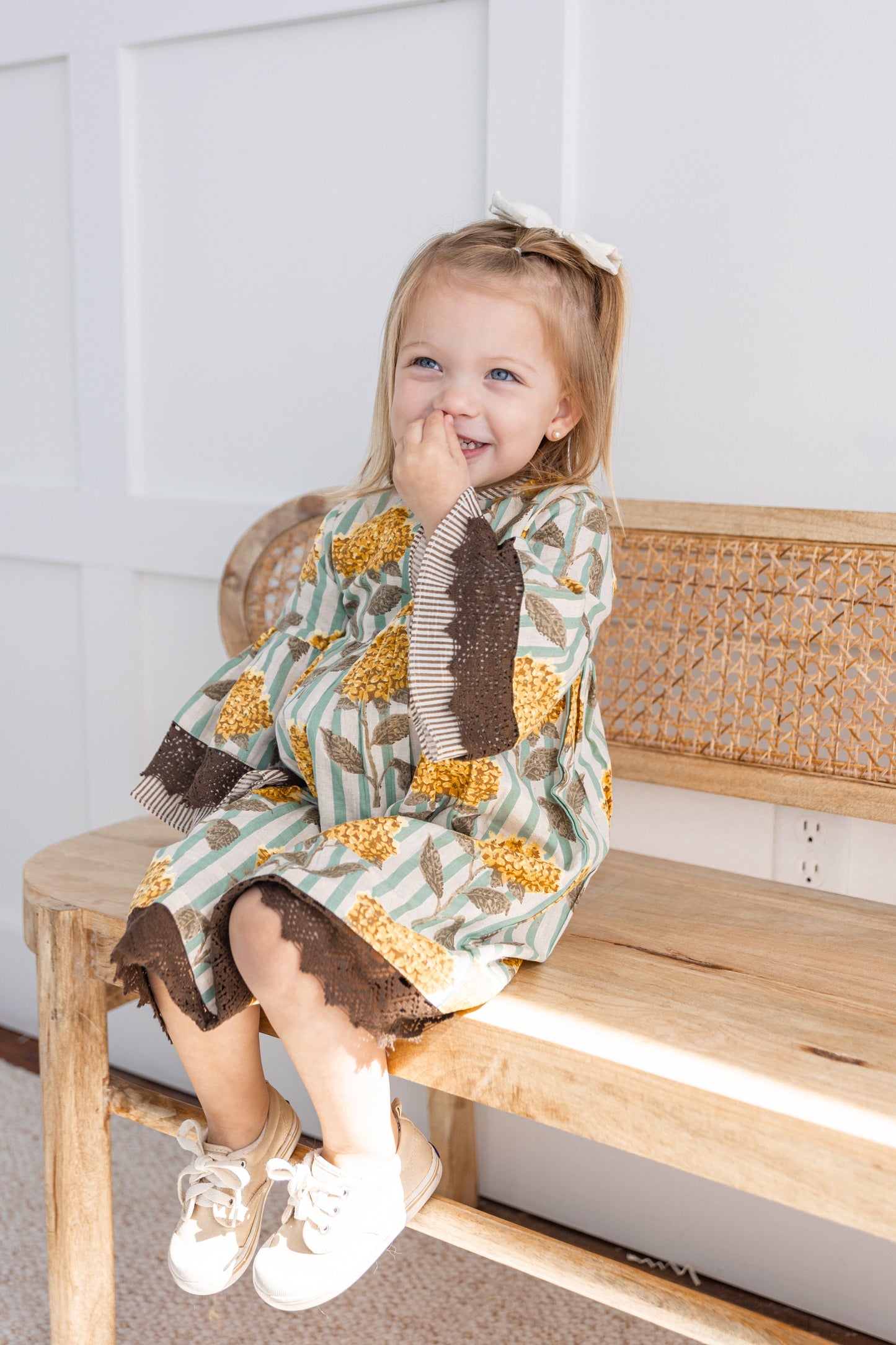 Yellow Floral Printed Bell Sleeves Gathered Dress dress & diaper cover DRESS Yo Baby India