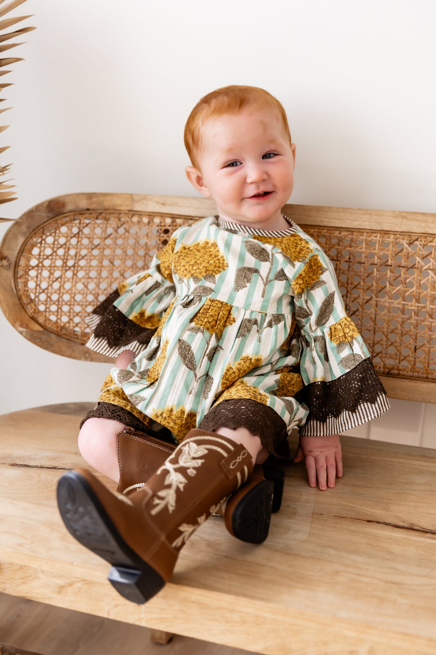Yellow Floral Printed Bell Sleeves Gathered Dress dress & diaper cover DRESS Yo Baby India