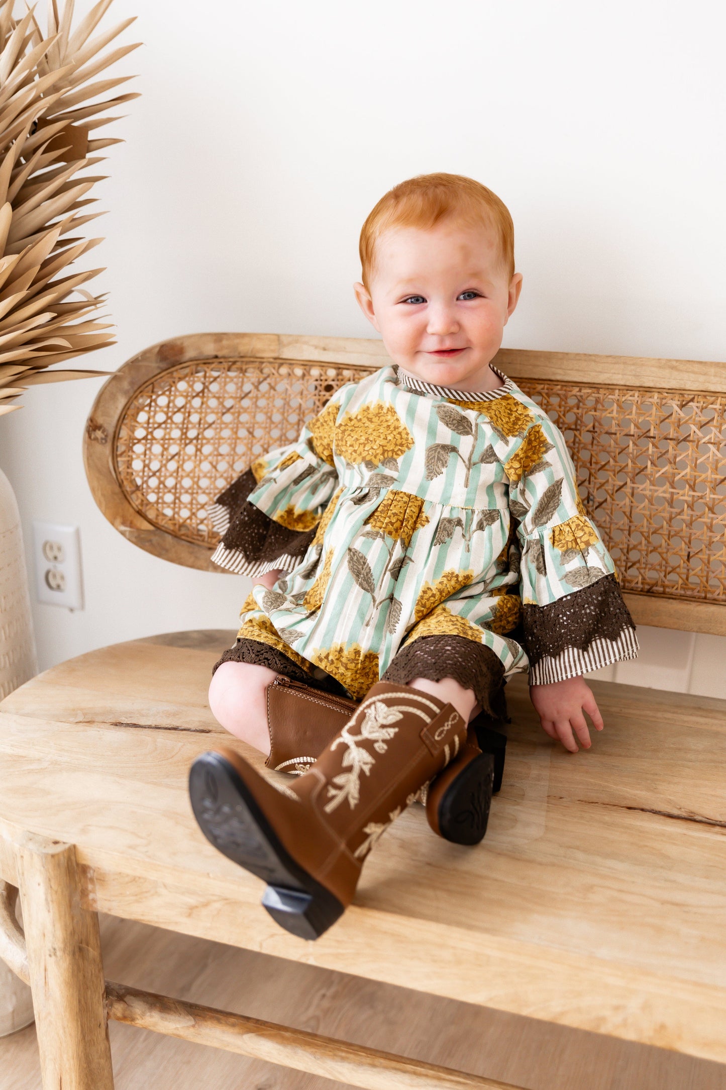 Yellow Floral Printed Bell Sleeves Gathered Dress dress & diaper cover DRESS Yo Baby India