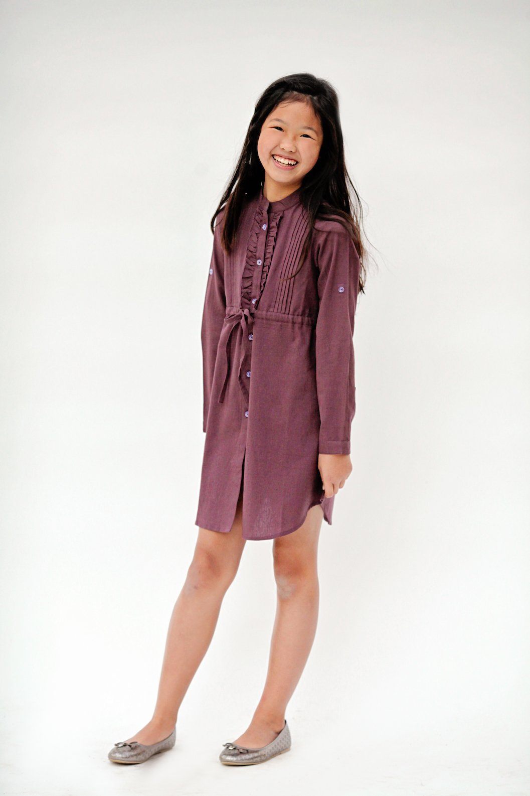Aubergine Frill and PinTuck Detail Full Sleeved Shirt Dress Dress Yo Baby Wholesale