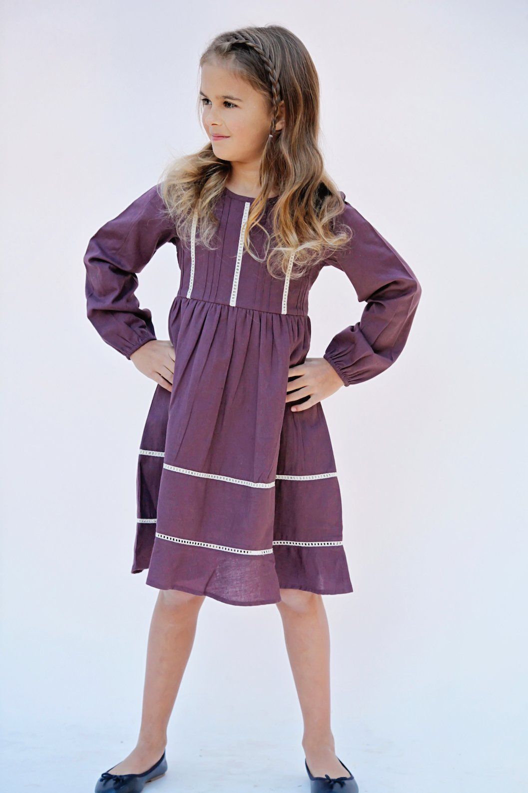 Aubergine Pin-Tuck and Lace Detail Dress Dress Yo Baby Wholesale