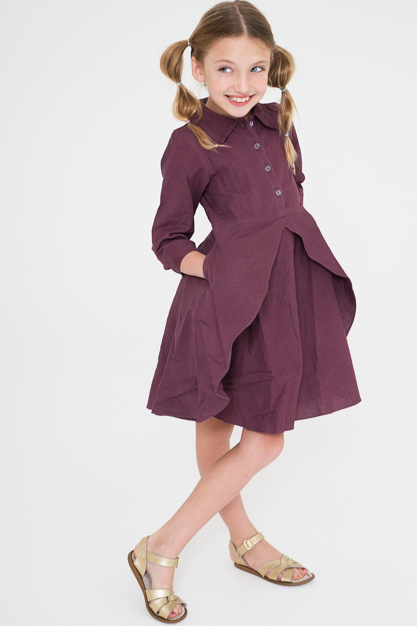 Aubergine Shirt Dress With Flounce Details and Pockets Dress Yo Baby Wholesale
