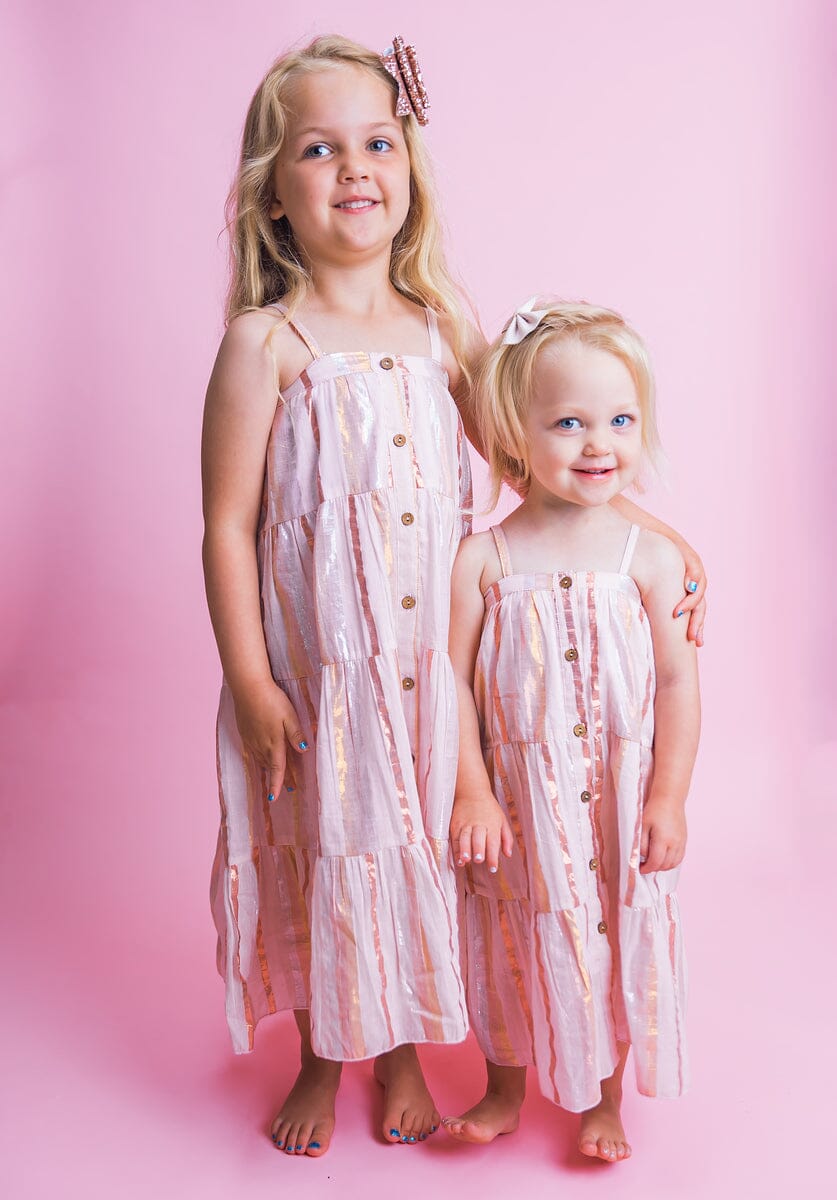 Baby Pink Lurex Solid Color Tiered Dress and Bloomers dress & diaper cover Yo Baby India