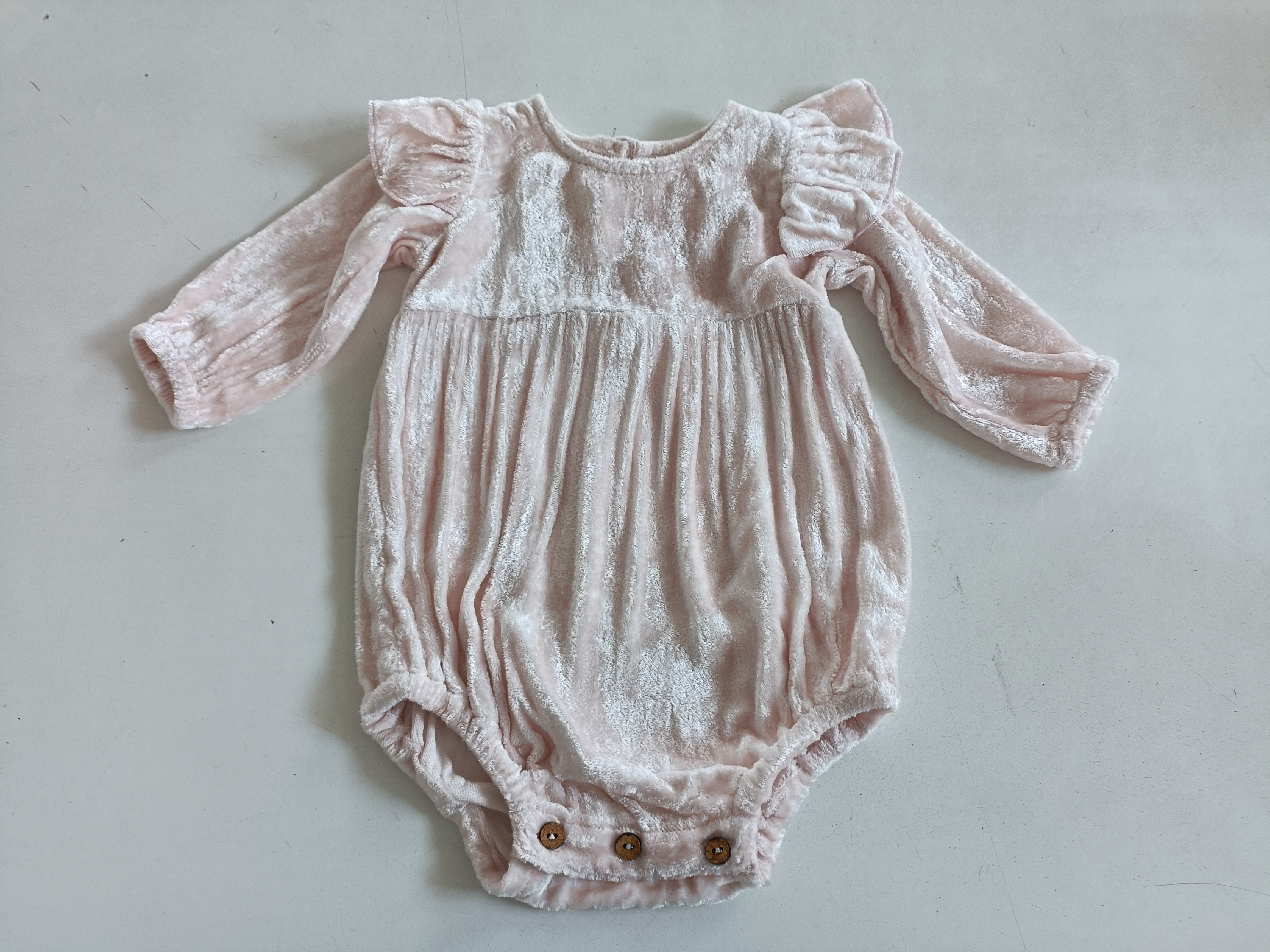 Baby Pink Viscose Velvet Full Sleeves Ruffle Romper