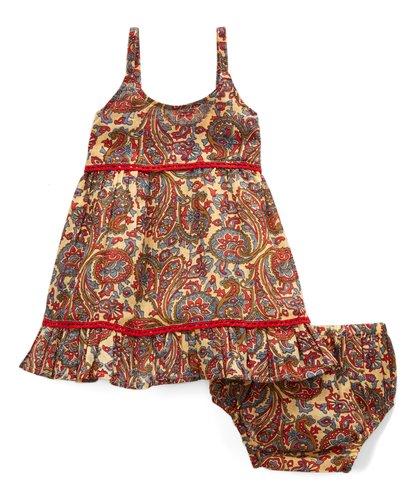 Beige Busy Red Print with Red Lace Detail Infant Dress Dress Yo Baby Wholesale