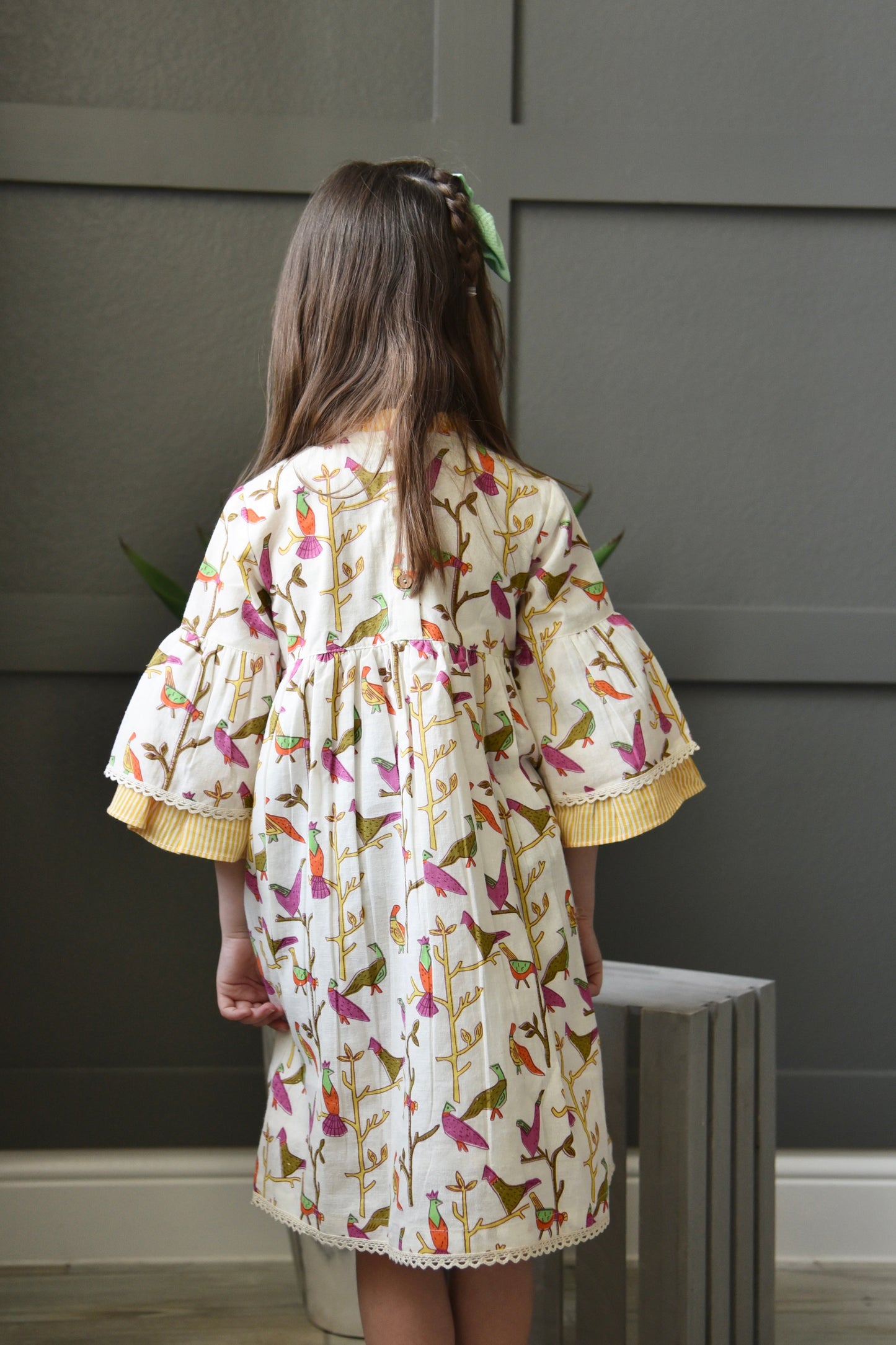 Bird Print Bell-Sleeves Ruffle Dress Dress Yo Baby Wholesale