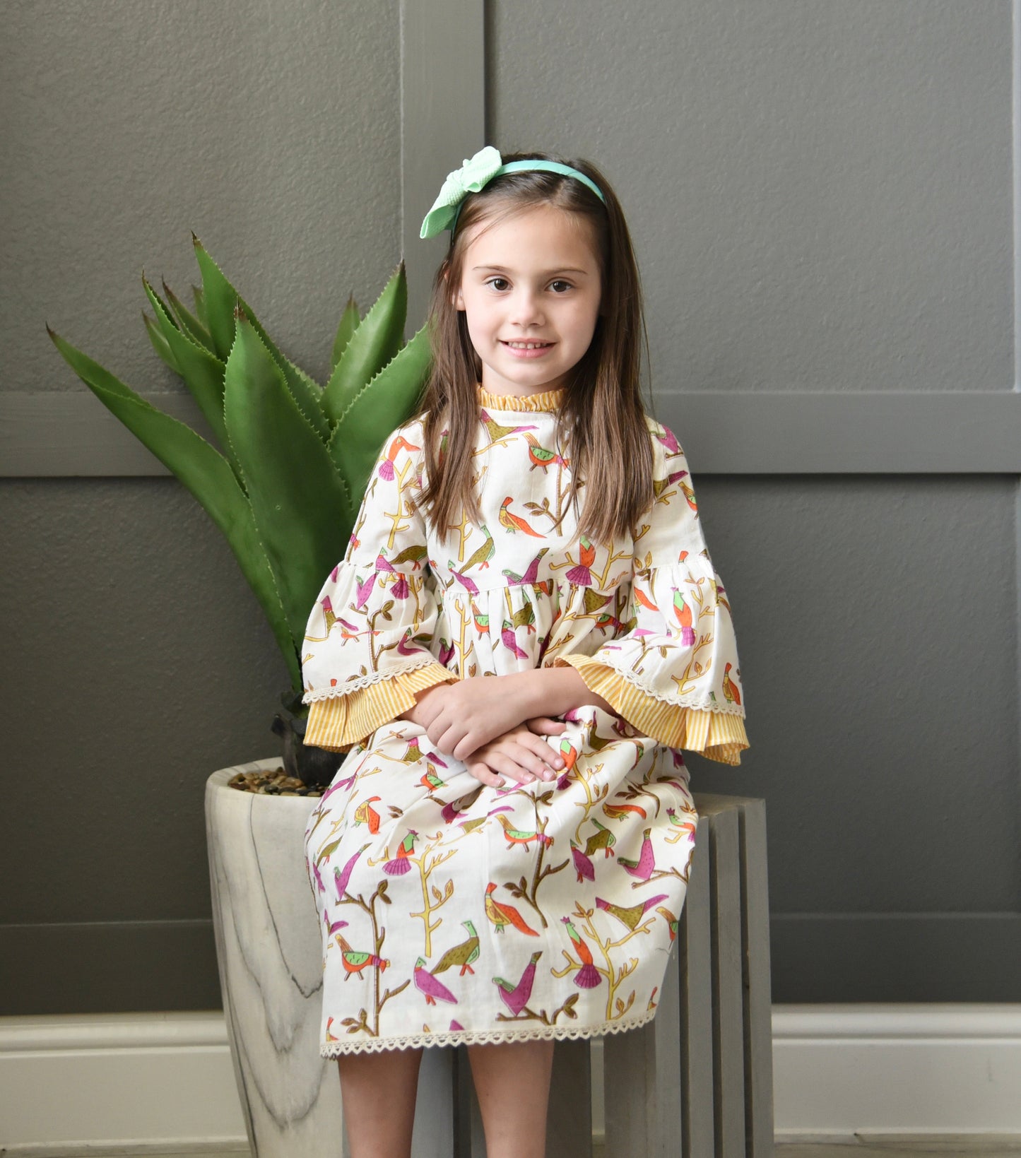 Bird Print Bell-Sleeves Ruffle Dress Dress Yo Baby Wholesale