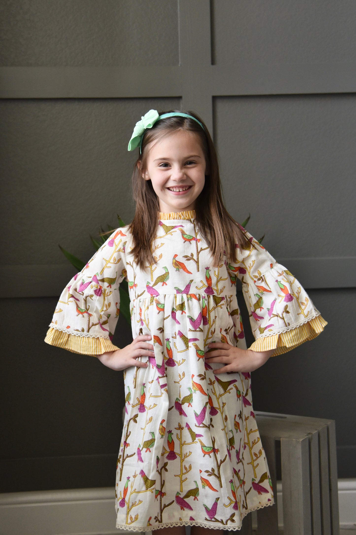 Bird Print Bell-Sleeves Ruffle Dress Dress Yo Baby Wholesale