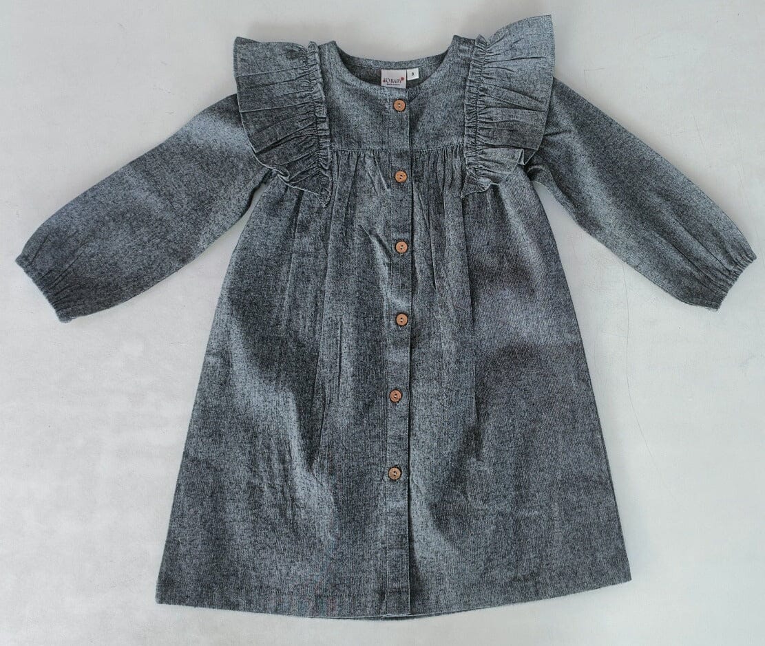 Black Chambray Long-Sleeve Ruffle Dress dress & diaper cover DRESS Yo Baby India