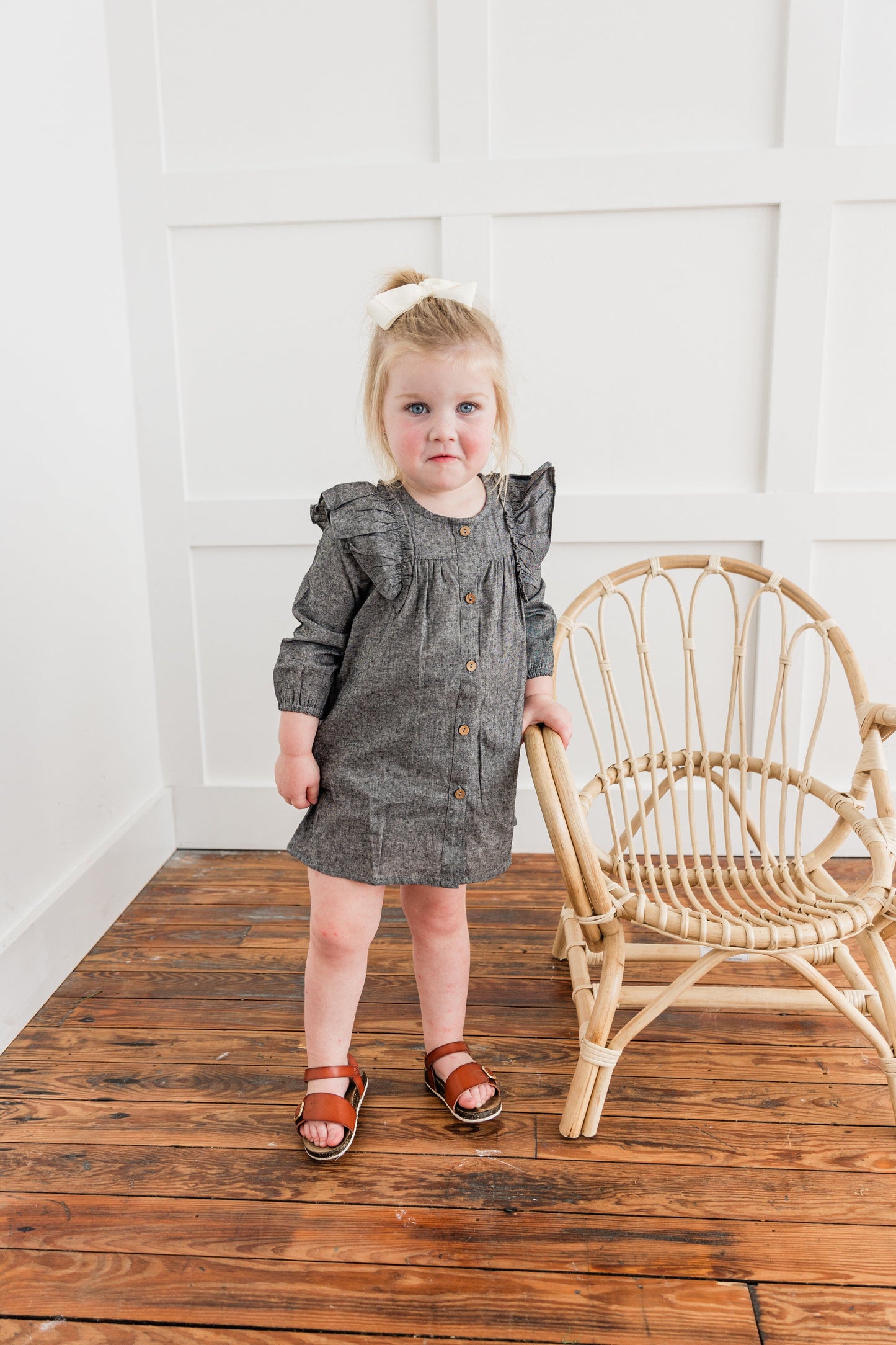 Black Chambray Long-Sleeve Ruffle Dress dress & diaper cover DRESS Yo Baby India