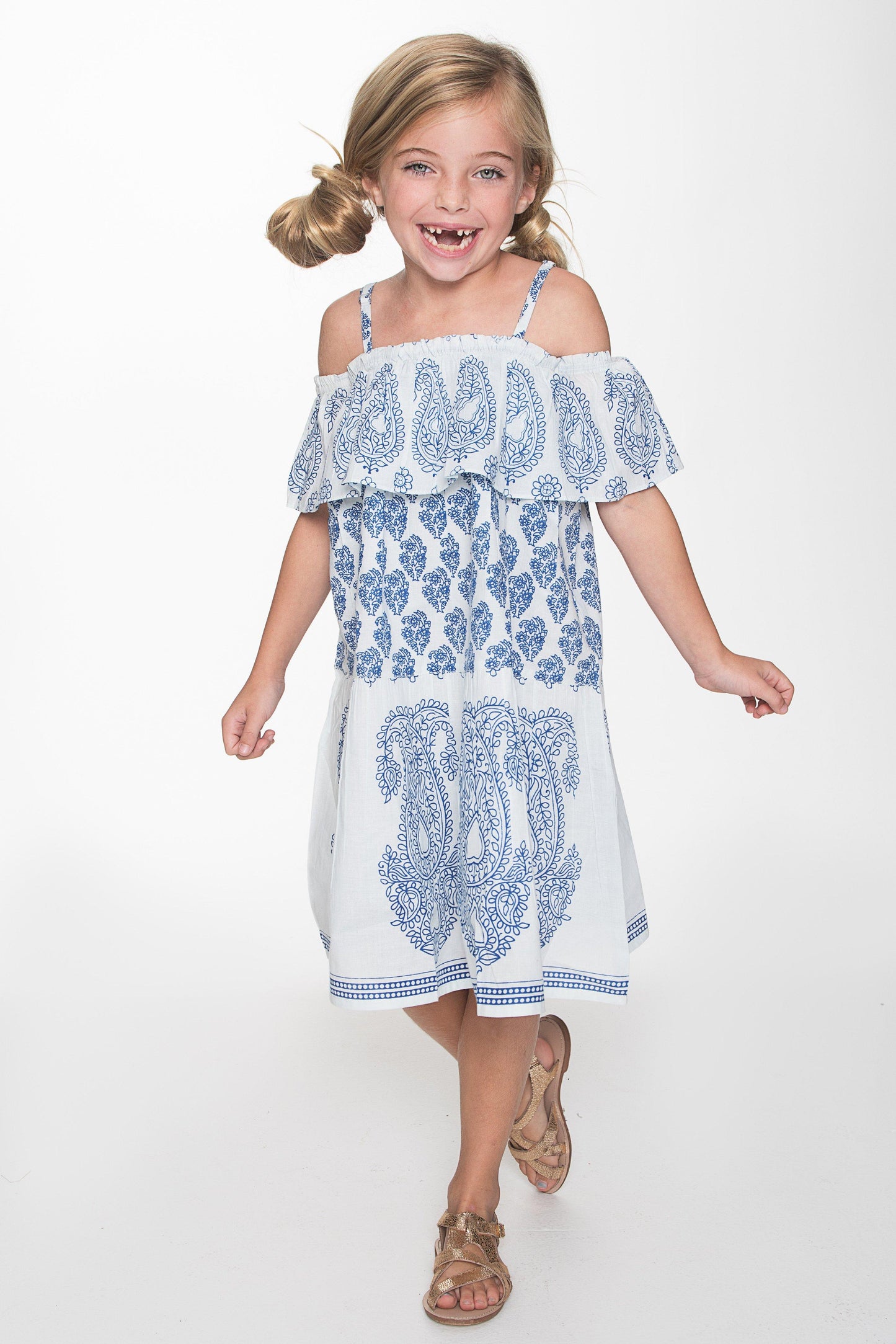 Blue and White Paisley Off-shoulder Dress Shirt-Dress Yo Baby Wholesale