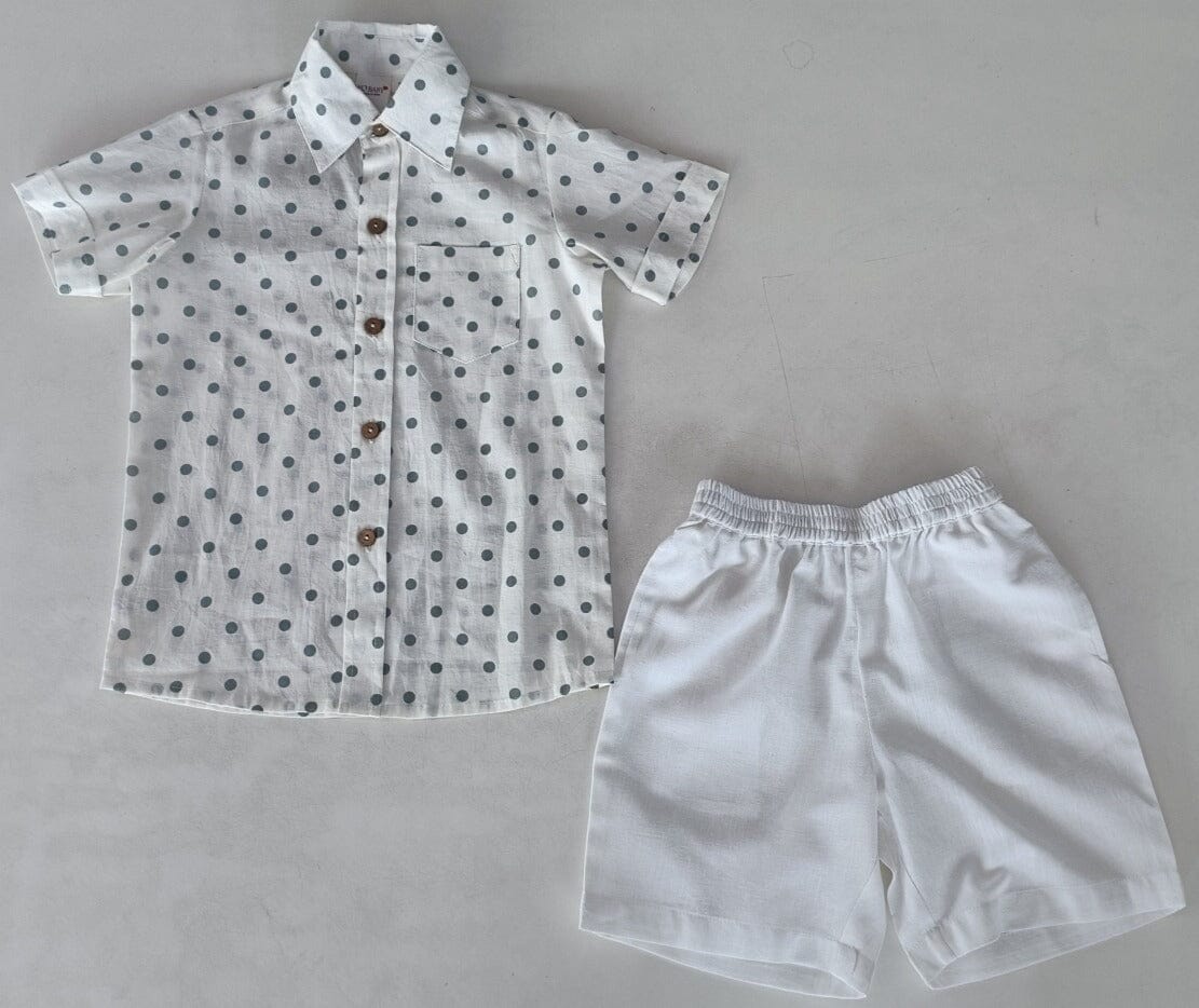 Blue Polka Dot Print Boys Shirt & White Shorts set Shirt-Shorts Yo Baby India
