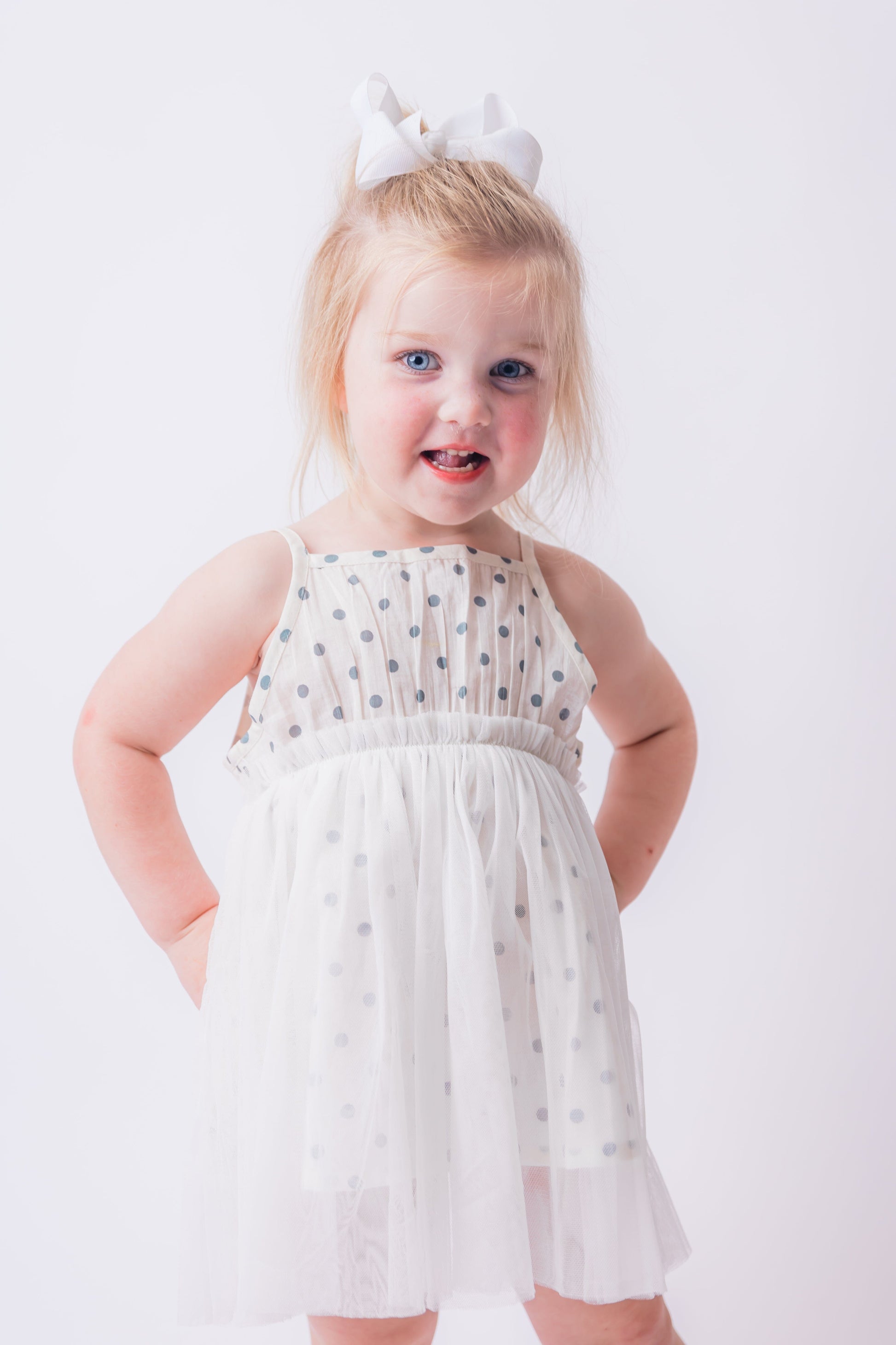 Blue Polka Dot Print Net Ruffle Gathered Dress dress & diaper cover Yo Baby India