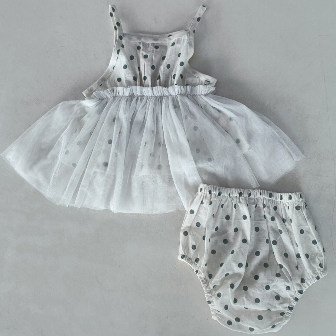 Blue Polka Dot Print Net Ruffle Gathered Dress dress & diaper cover Yo Baby India